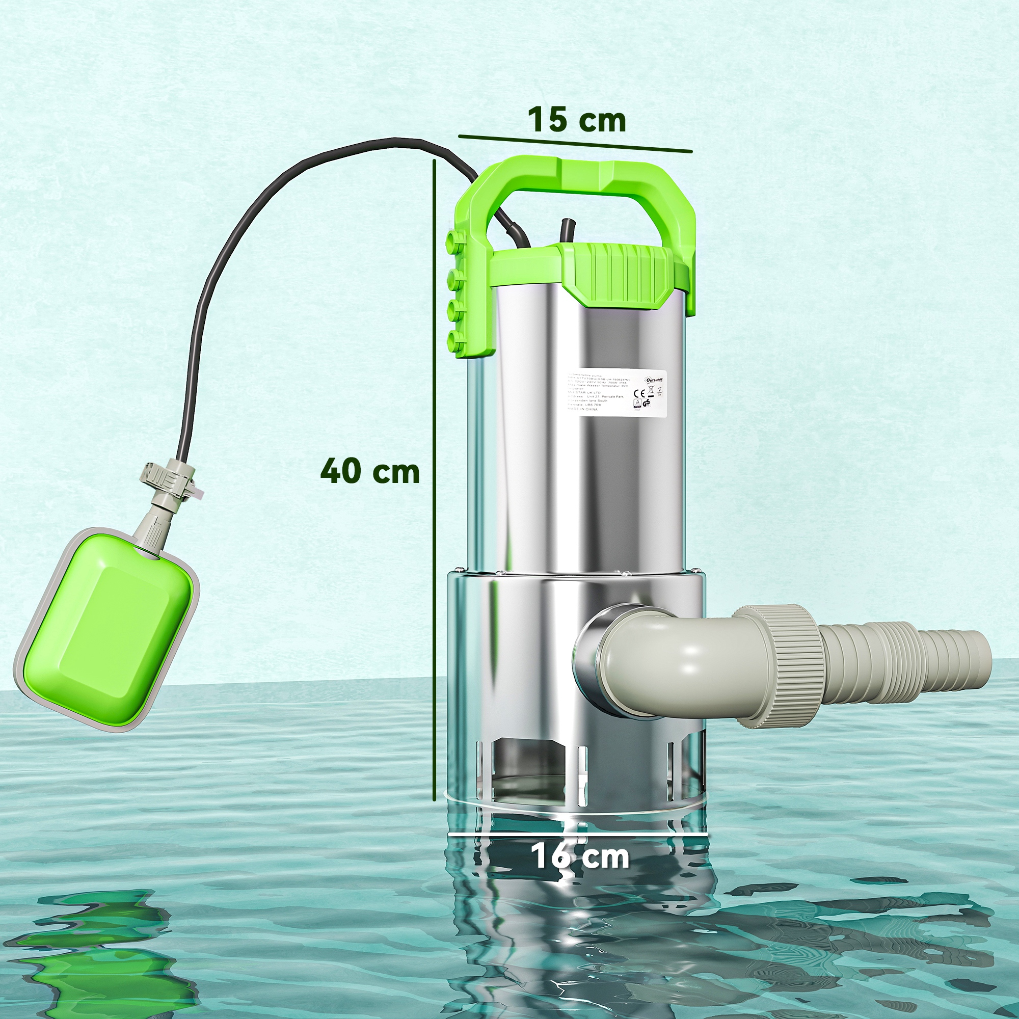 Una bomba sumergible con asa verde, 16 cm sumergida en agua.