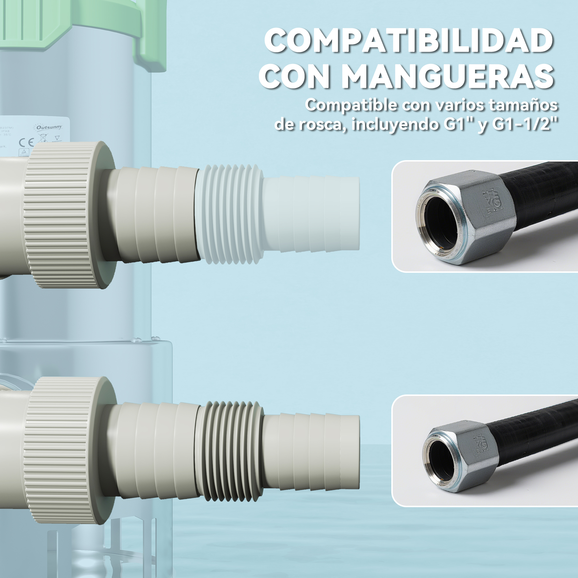 Adaptadores de manguera grises con rosca y tuerca de conexión negra.