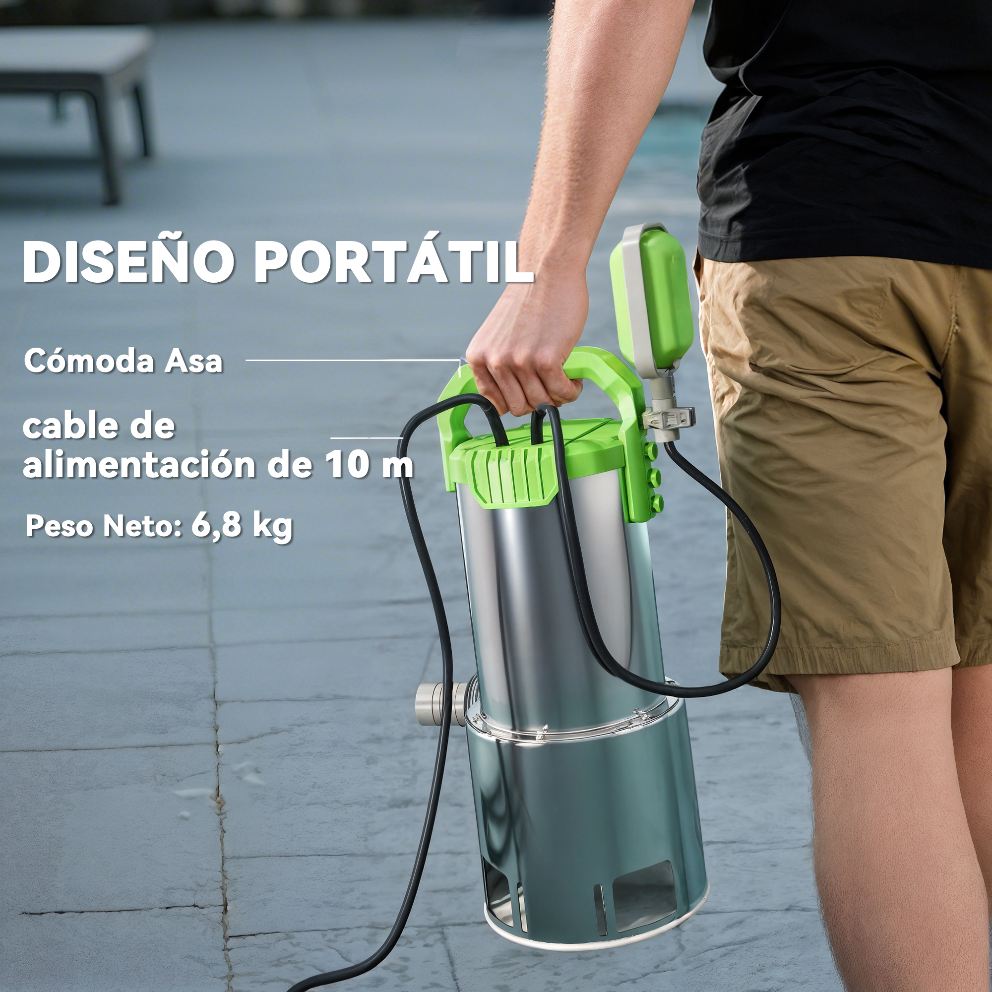 Una persona lleva un cilindro portátil plateado y verde con cable de 10 m.