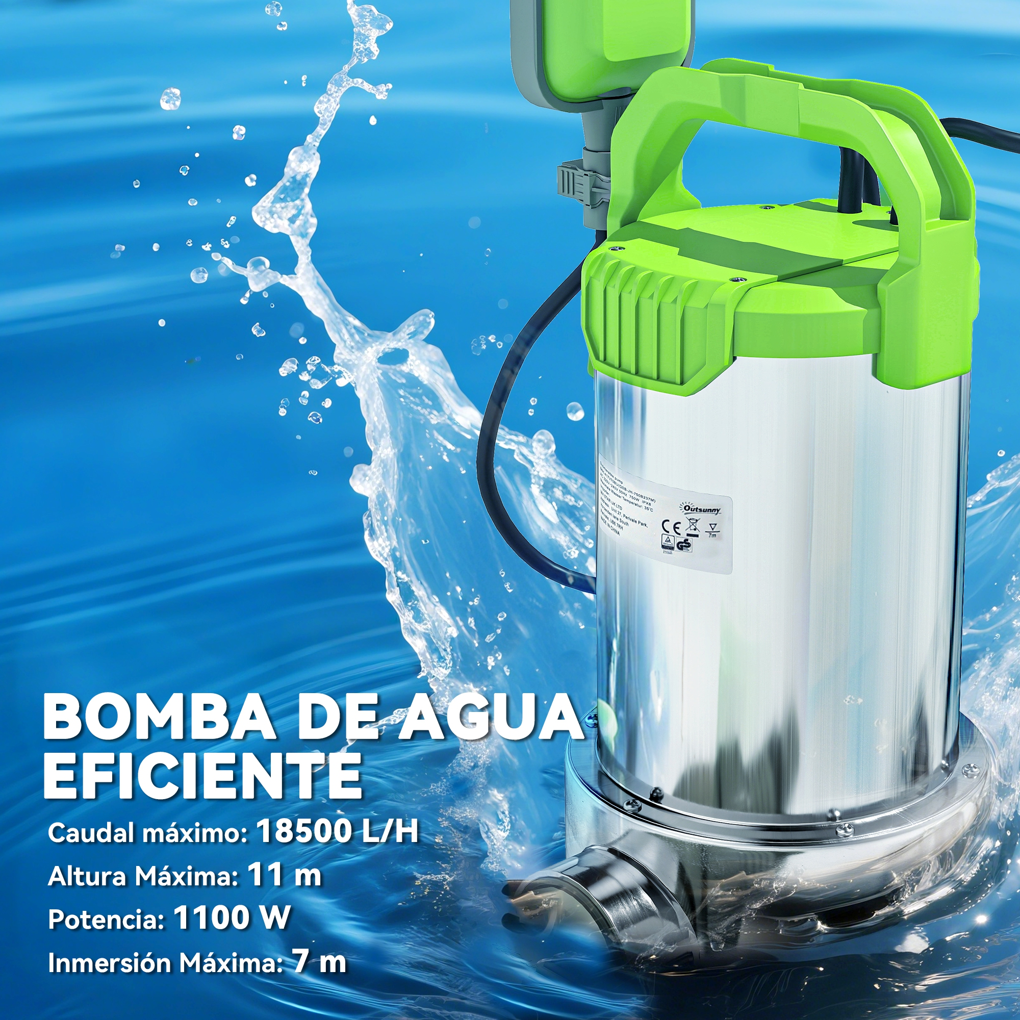 Una bomba de agua verde y plateada salpicando agua, mostrando especificaciones.