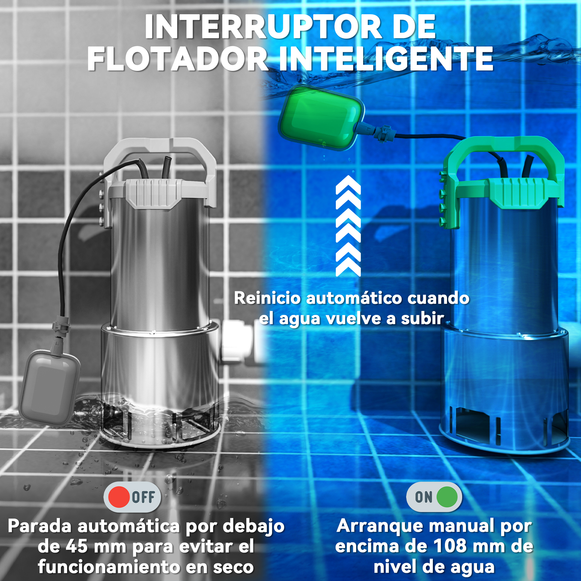 Interruptor flotador inteligente: Off 45mm, On 108mm. Reinicio automático.