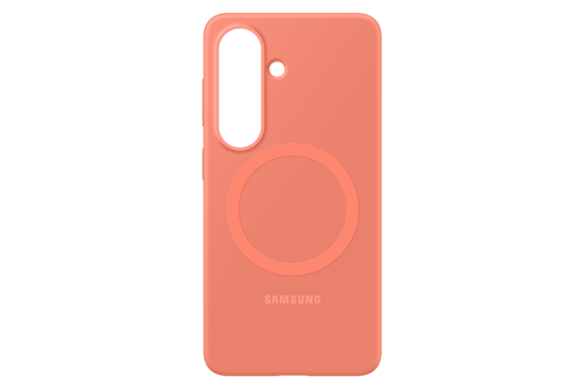 Una funda de teléfono color coral con recorte para cámara y área circular MagSafe.