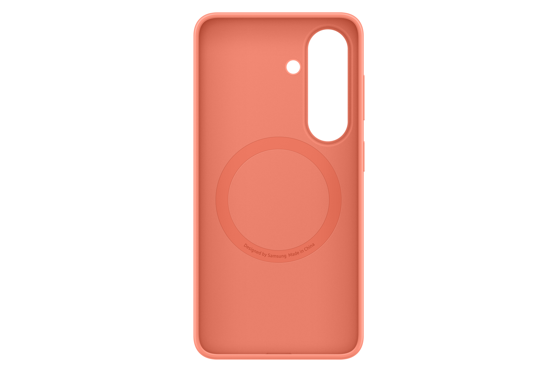 Funda de teléfono color coral con recorte circular para cámara y anillo magnético.