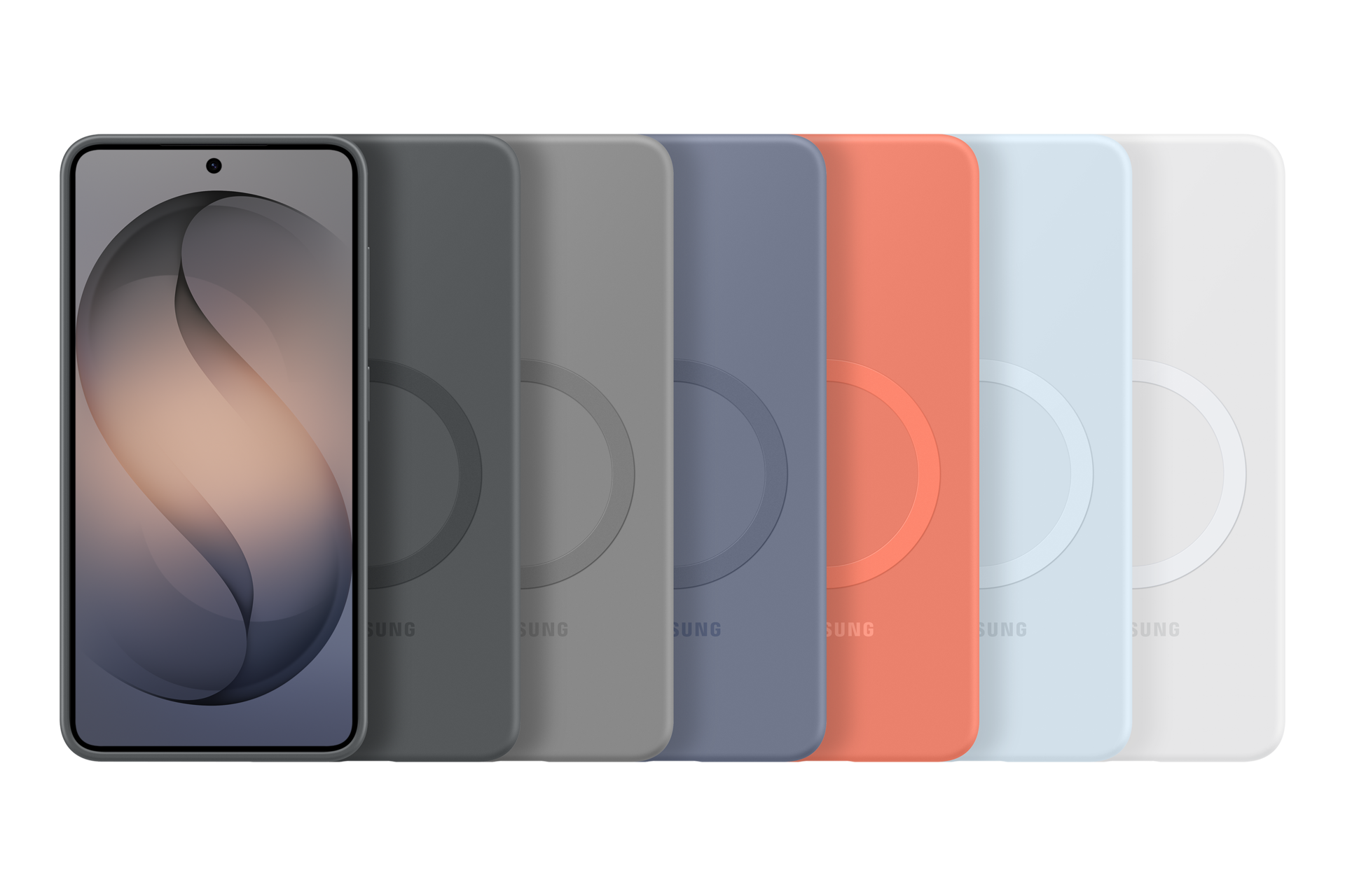 Ein Smartphone mit einem abstrakten Hintergrund, daneben sechs Handyhüllen in verschiedenen Farben.