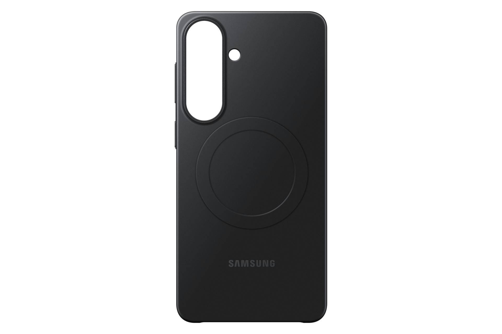 Custodia nera Samsung con ritaglio fotocamera e anello di ricarica.