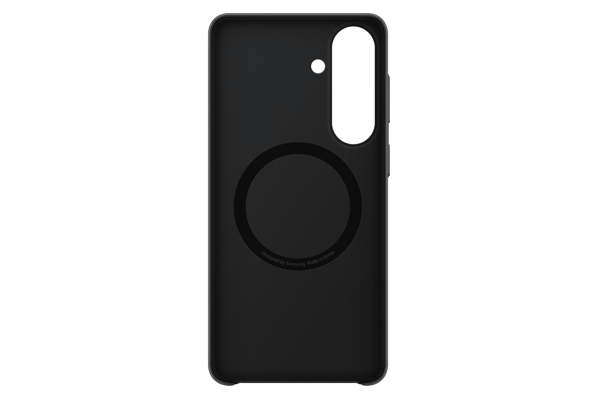 Custodia nera per telefono con ritaglio fotocamera e anello magnetico.