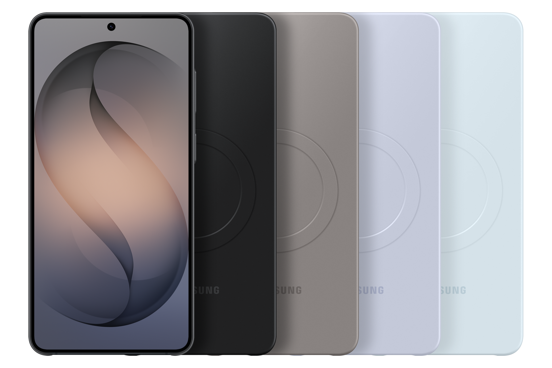 Cinque smartphone nei colori nero, grigio, viola, azzurro e bianco.