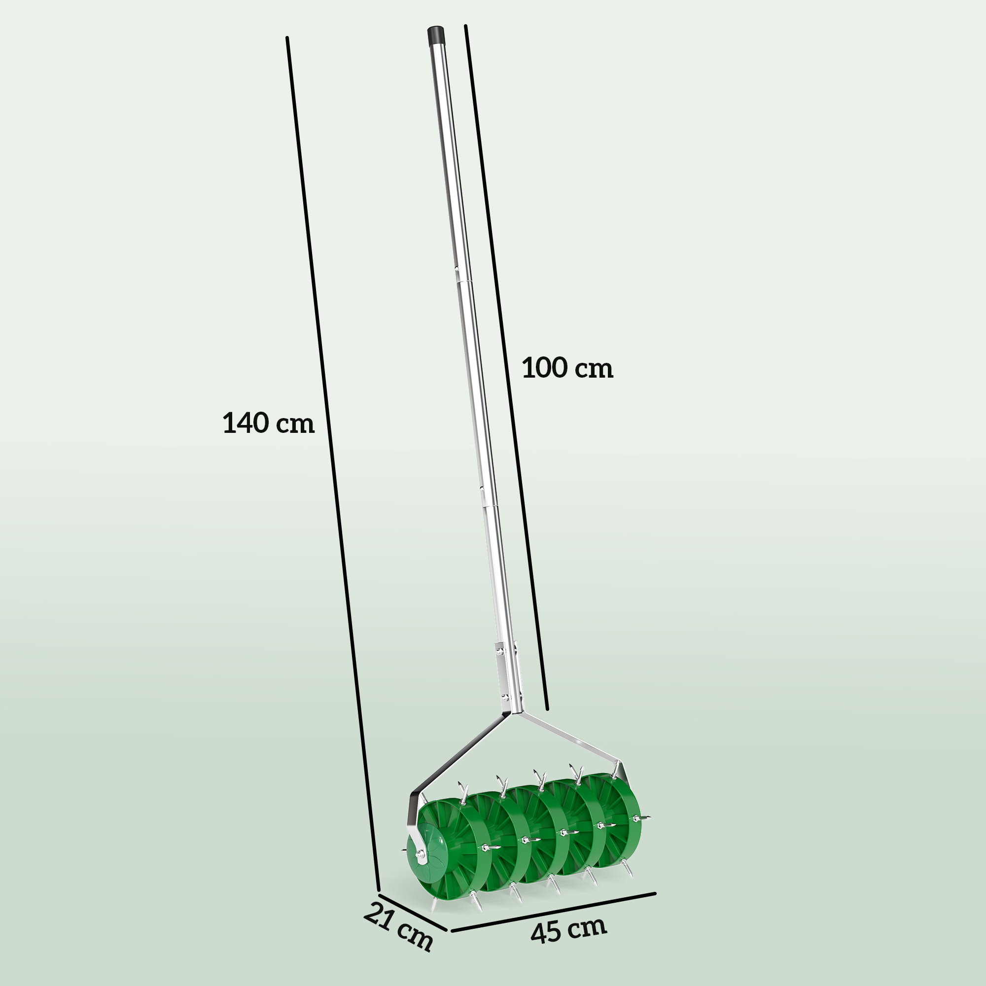 Un aireador de césped con ruedas verdes y mango de metal, 140 cm.