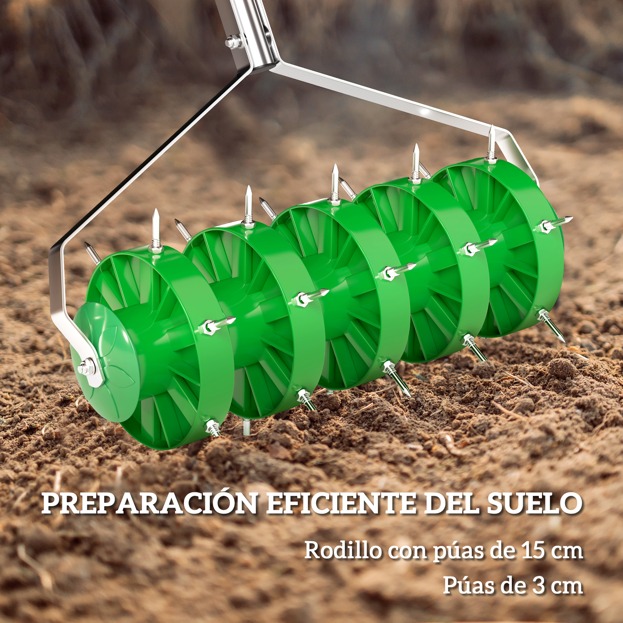 Aireador de tierra verde con púas metálicas sobre tierra.