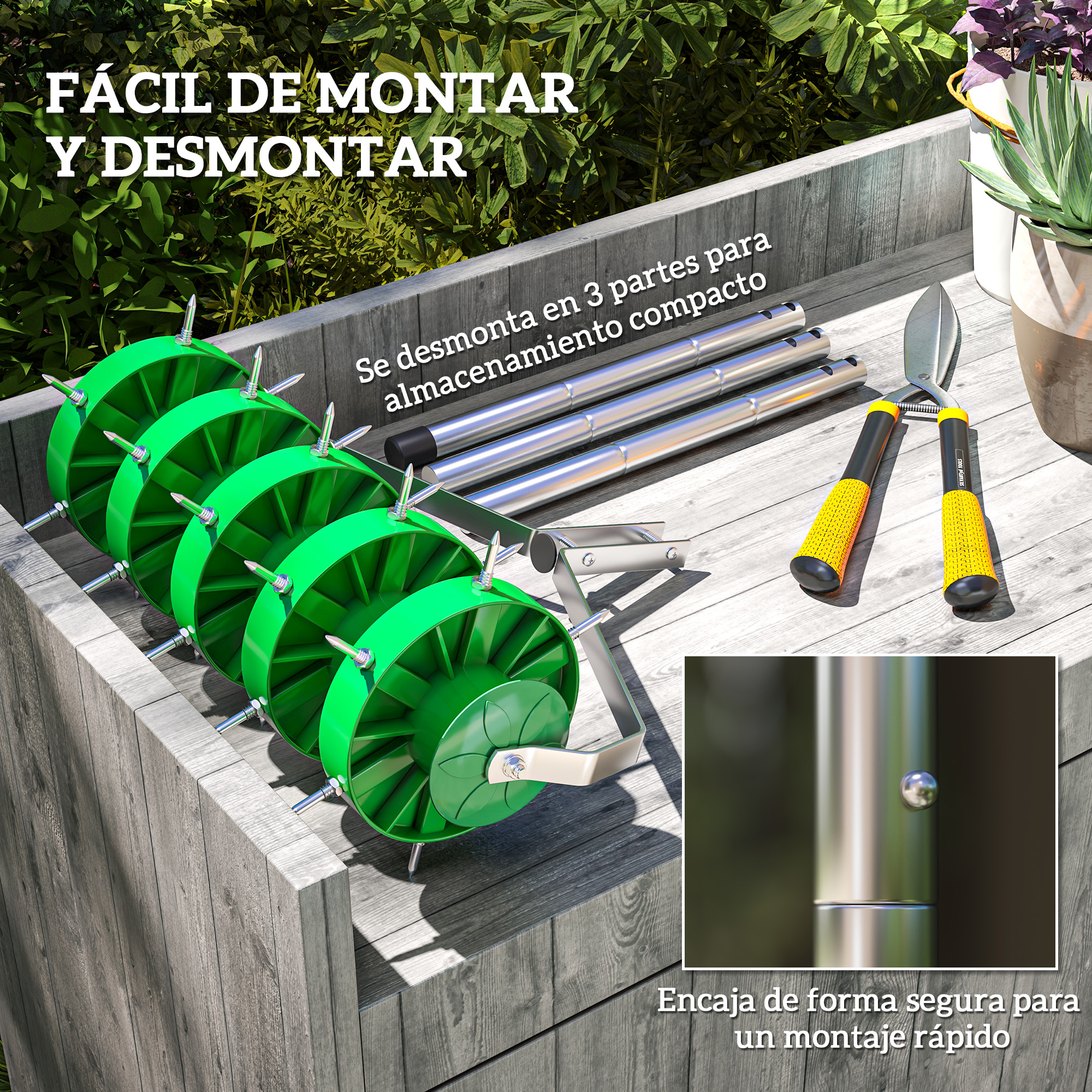 Aireador de césped verde con púas, tijeras de jardín y tubos metálicos.