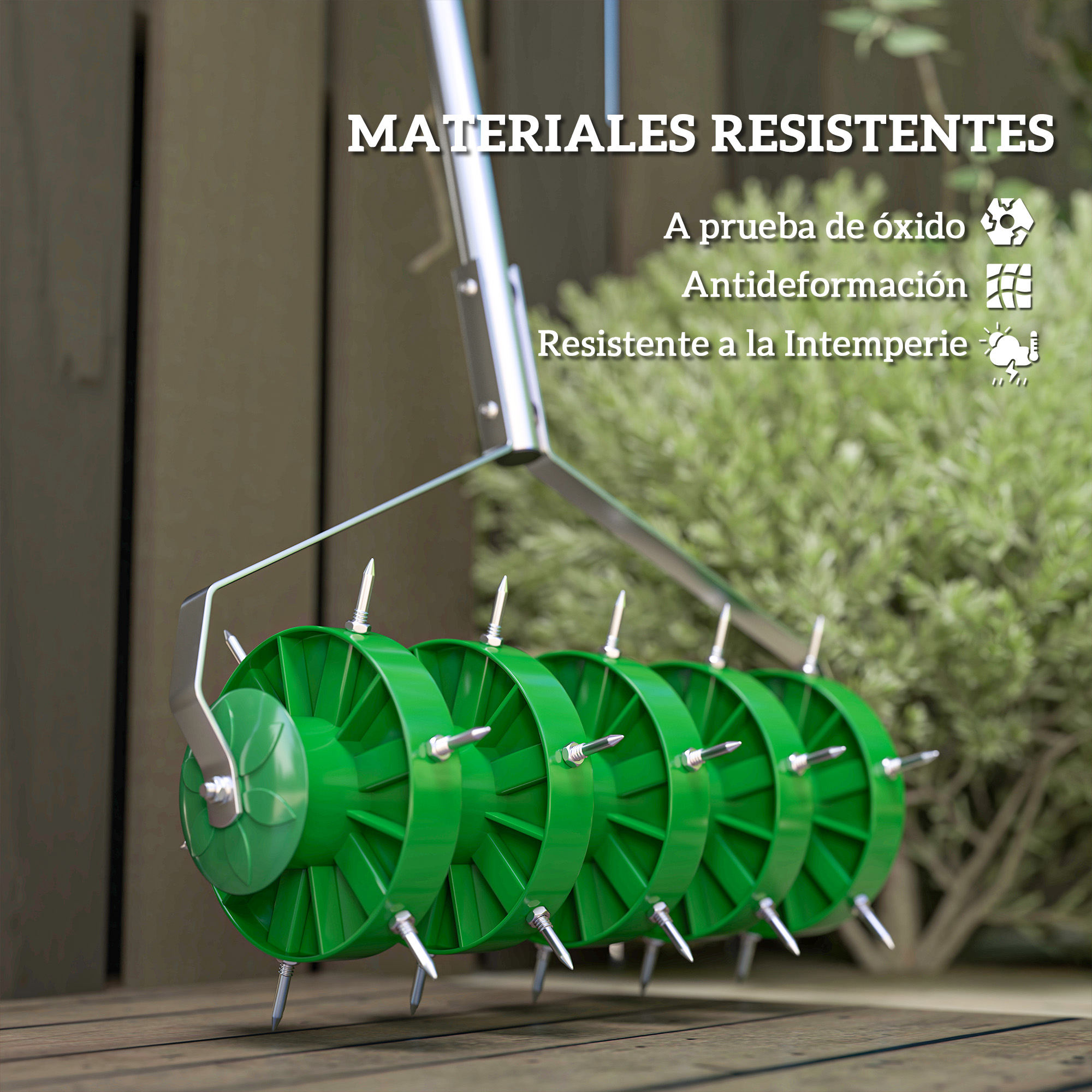 Escarificador de césped verde con púas sobre superficie de madera y plantas.