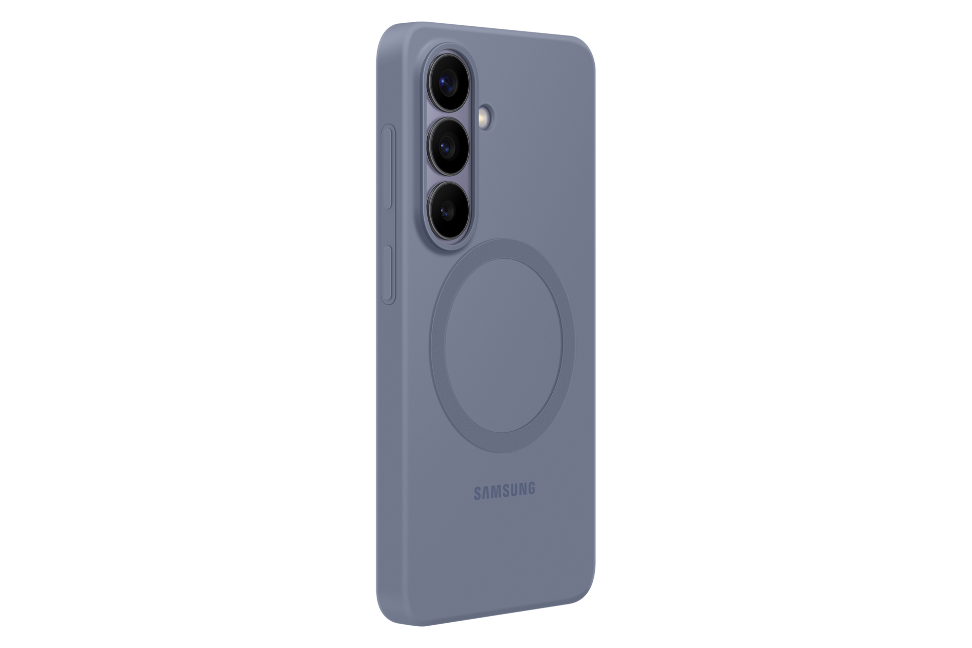 Custodia blu per telefono con tre fotocamere e logo Samsung.