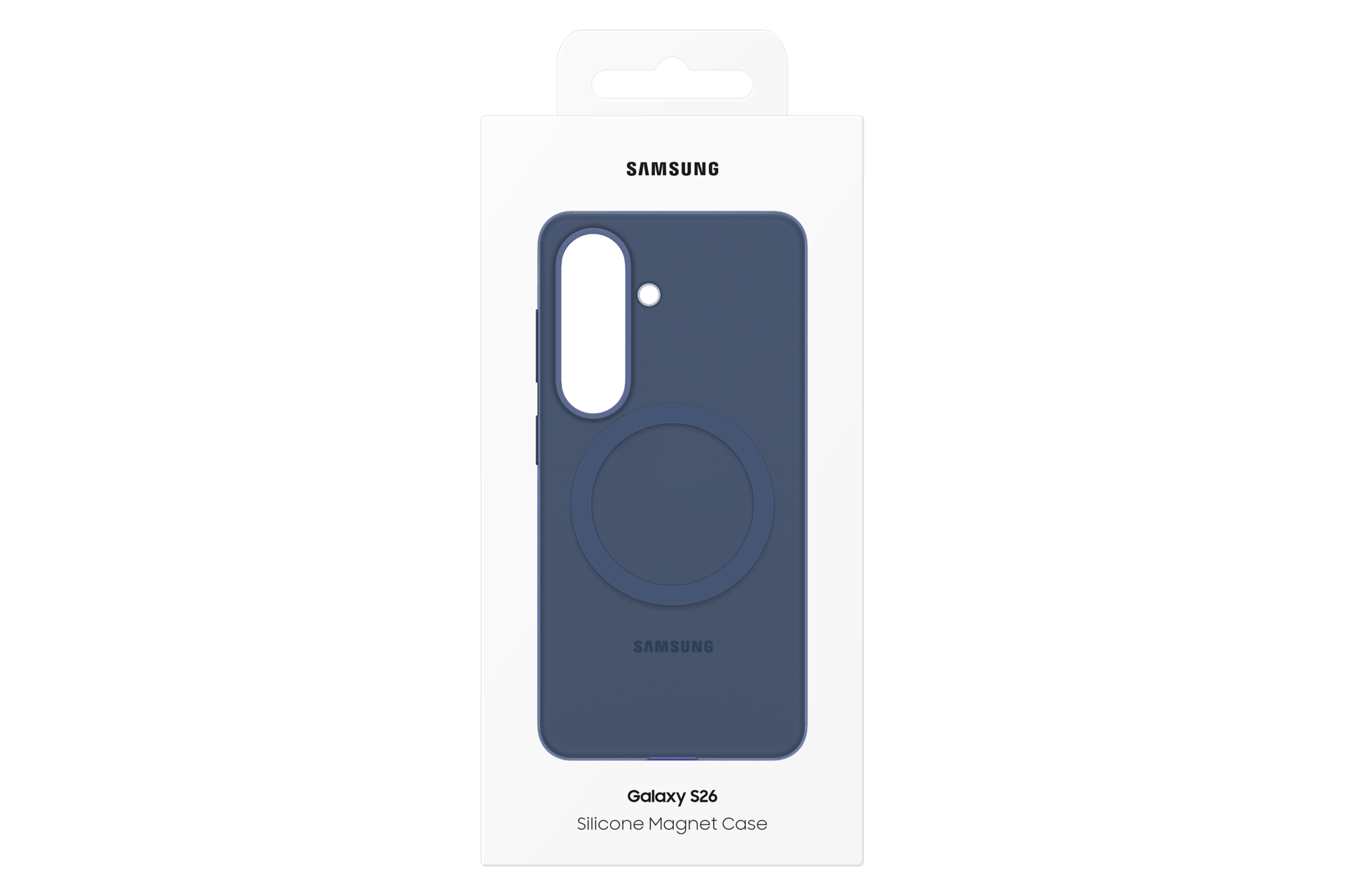 Confezione con custodia magnetica in silicone Samsung Galaxy S26 blu scuro.