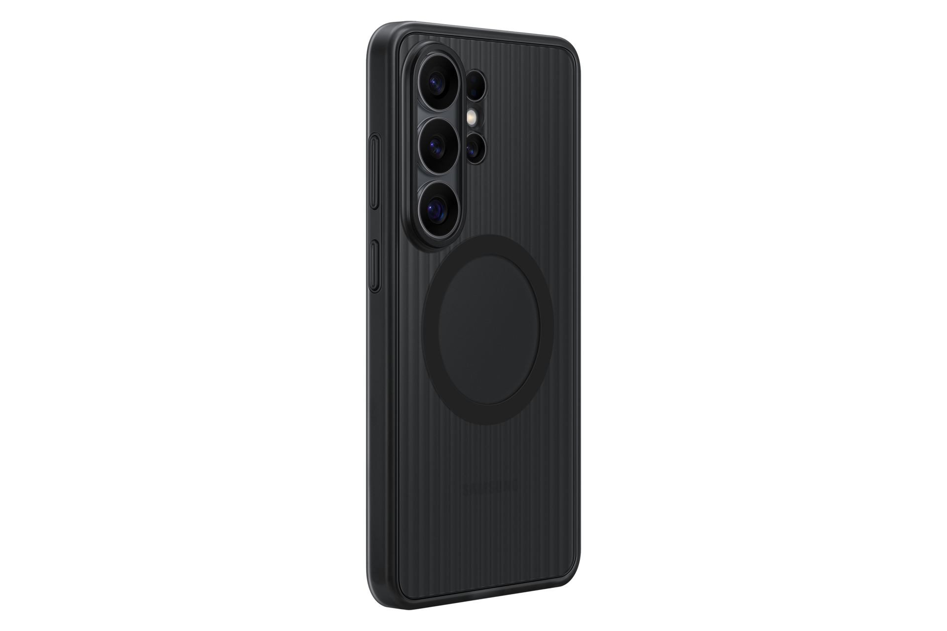 Funda de teléfono negra con ranuras verticales y módulo de cámara.