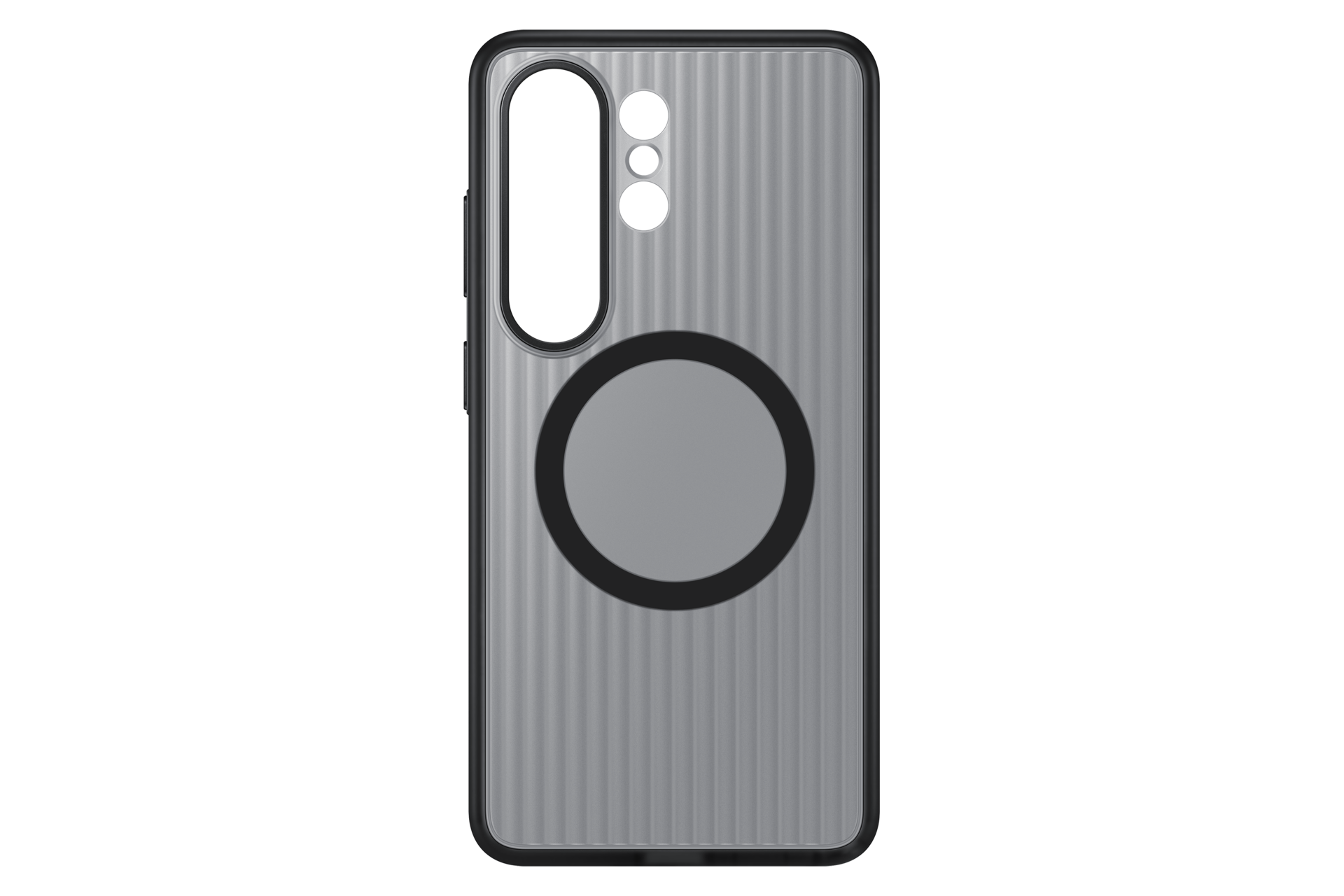 Funda de teléfono gris con ranuras verticales y patrón circular.