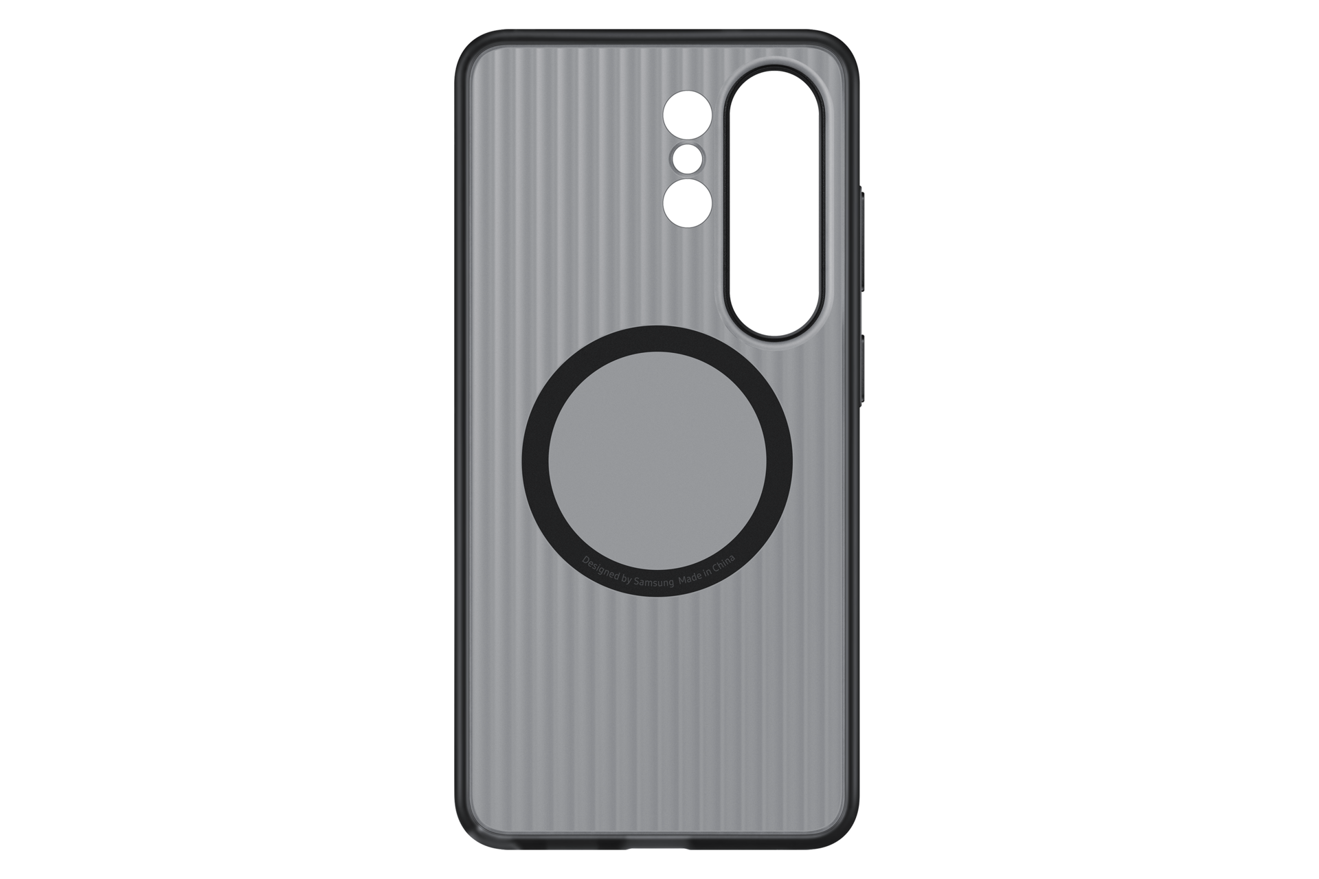 Funda de teléfono gris con ranuras verticales y soporte de anillo.