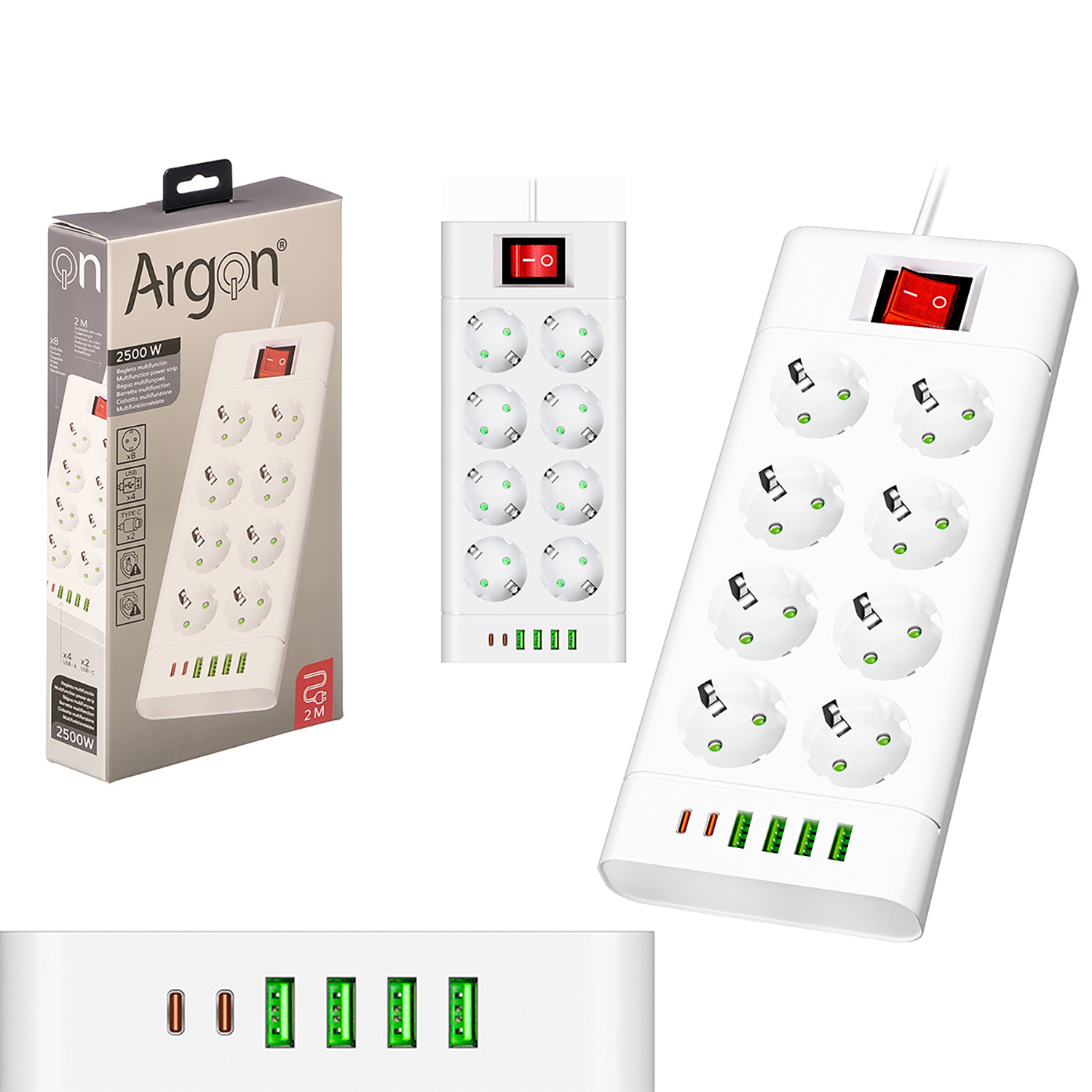Regleta blanca con 8 enchufes y 6 puertos USB, interruptor rojo.