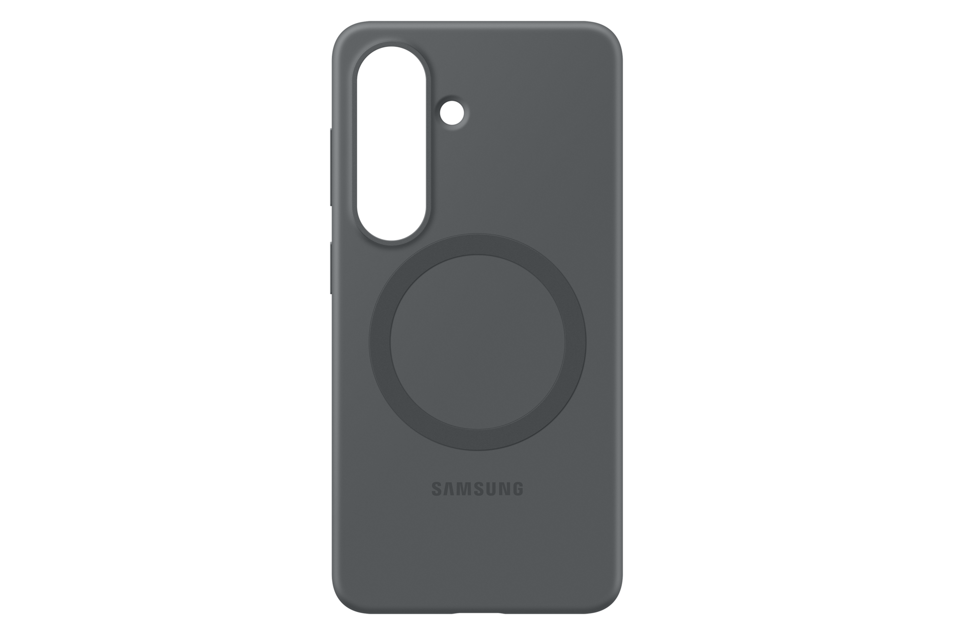 Custodia grigia per telefono con ritaglio circolare e logo Samsung.