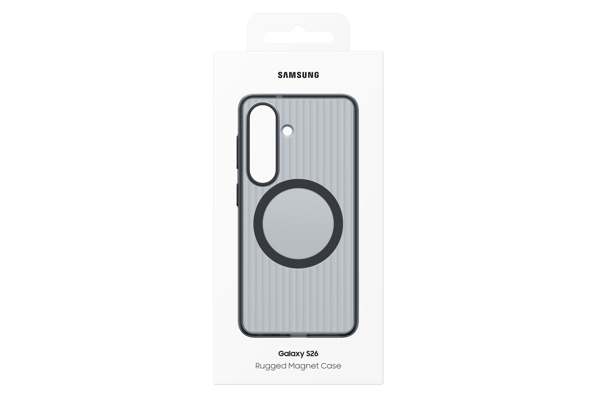 Verpackung der Samsung Galaxy S26 Rugged Magnet Hülle. Klare Hülle mit grauer Rippenstruktur.