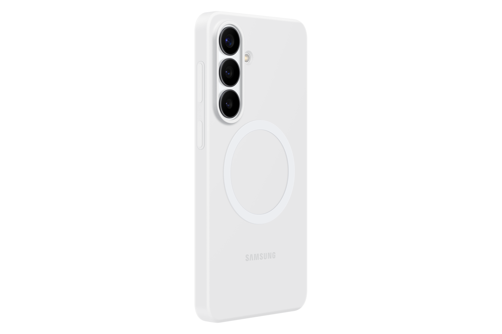 Ein weißes Samsung Handy mit drei Kameras und einem Kreis auf der Rückseite.