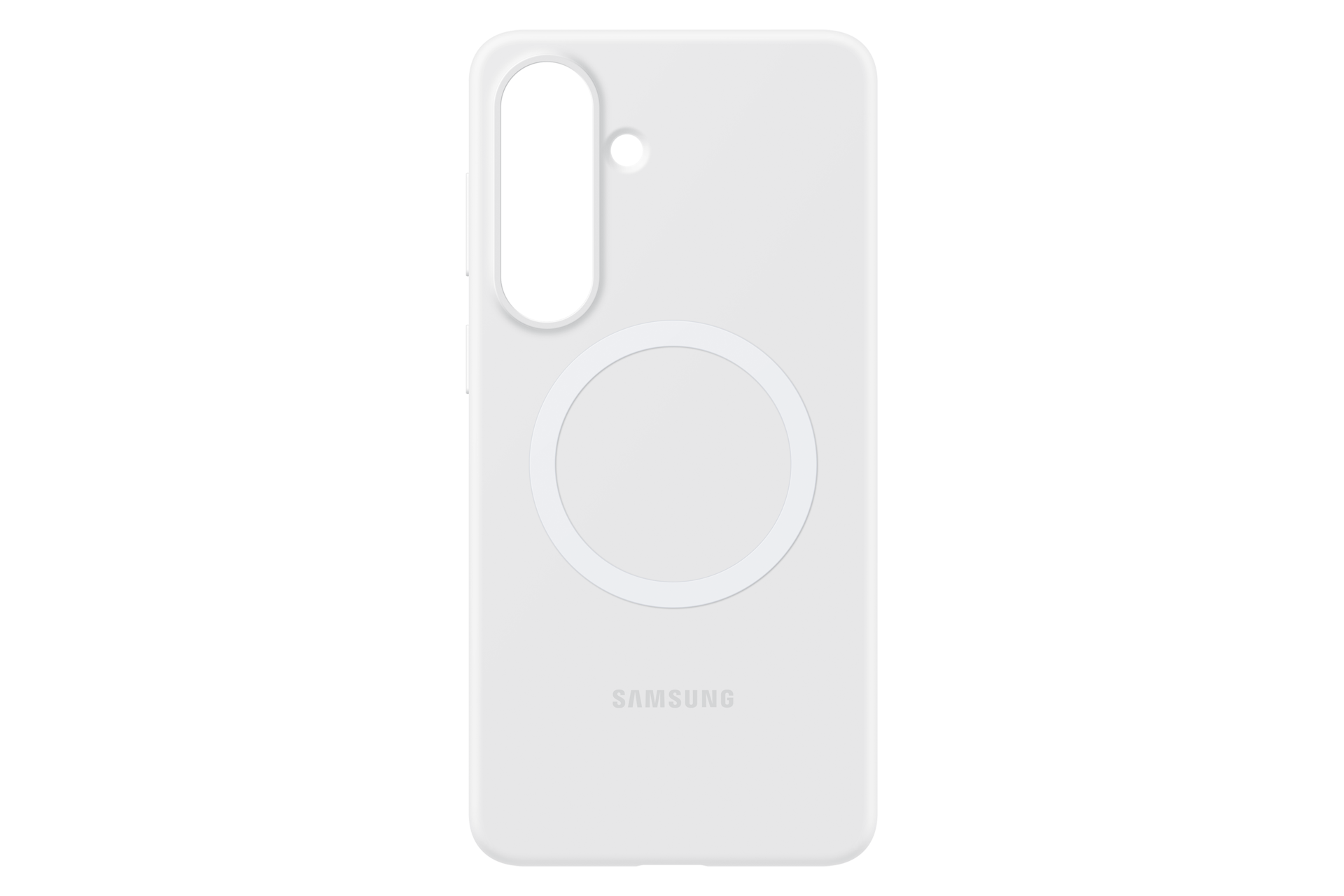 Eine weiße Samsung Handyhülle mit magnetischem Ring und Kameraaussparung.