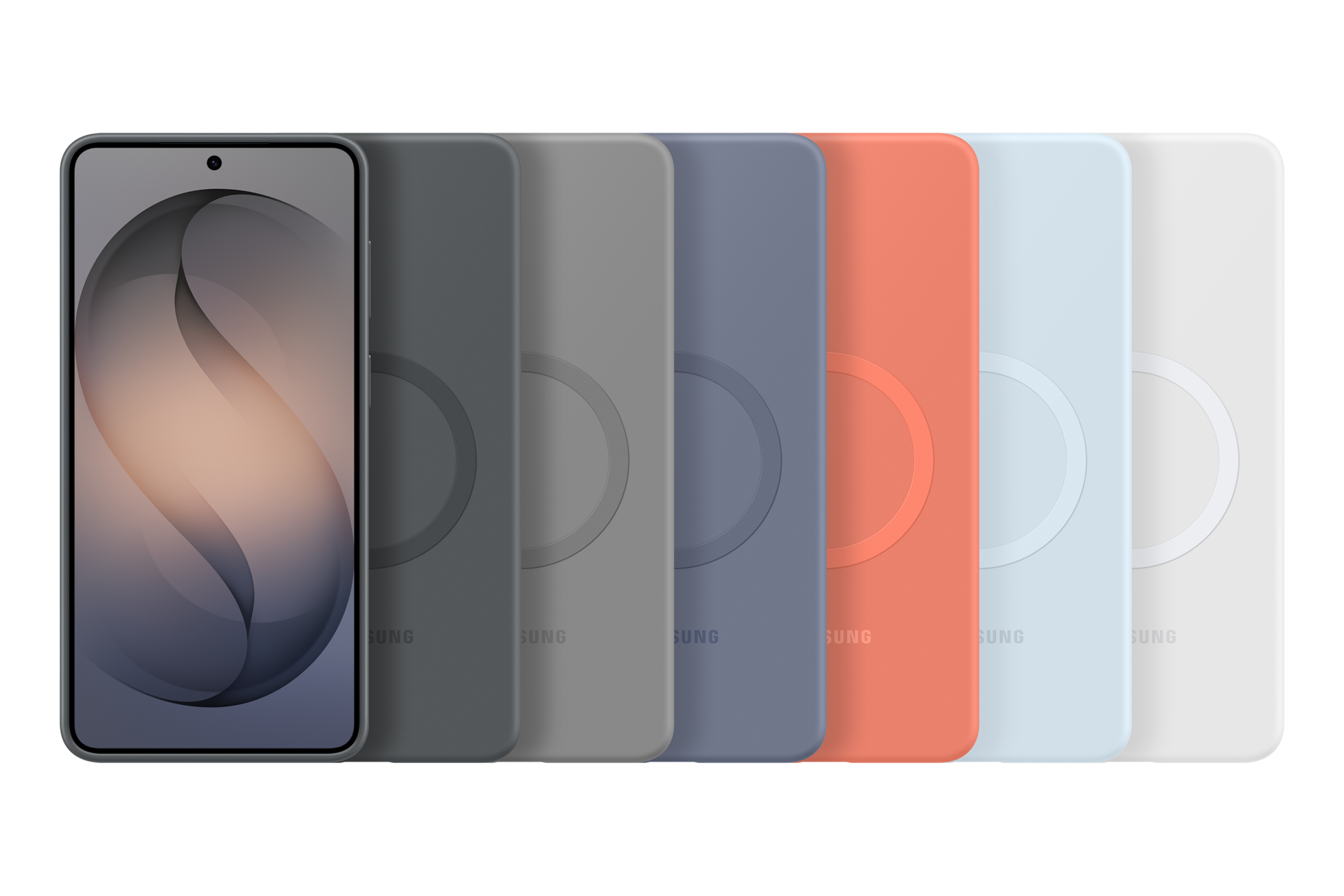 Ein Smartphone neben mehreren farbigen Hüllen mit kreisförmigem Muster.