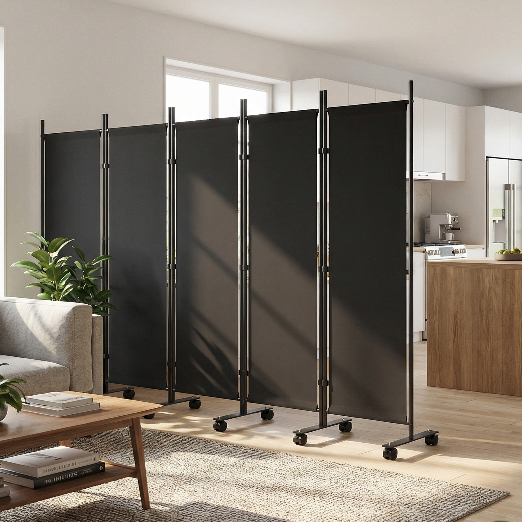 Un separador de ambientes negro con ruedas separa una sala de estar de una cocina con detalles de madera.