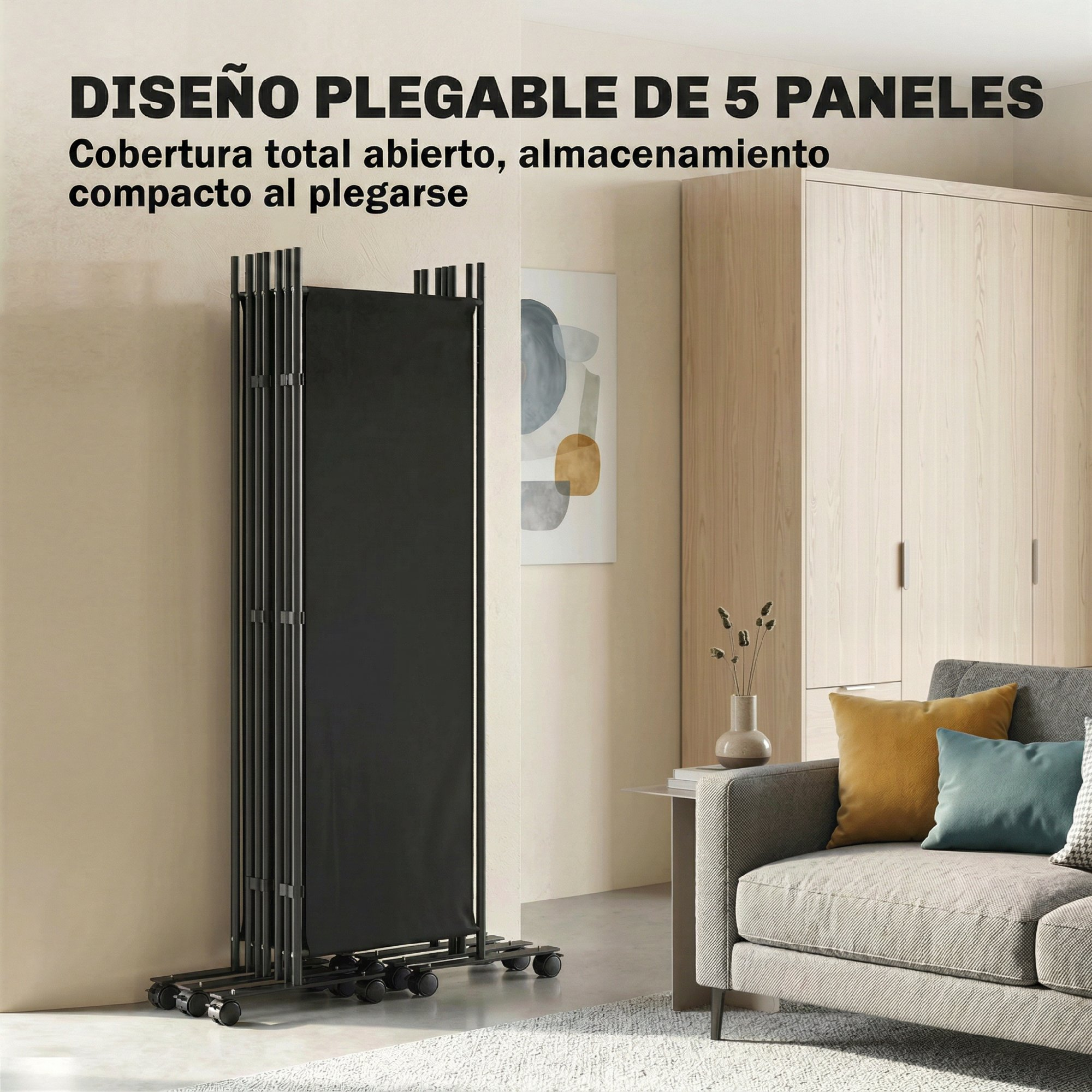 Un divisor de habitación negro plegable de 5 paneles con ruedas junto a un sofá.