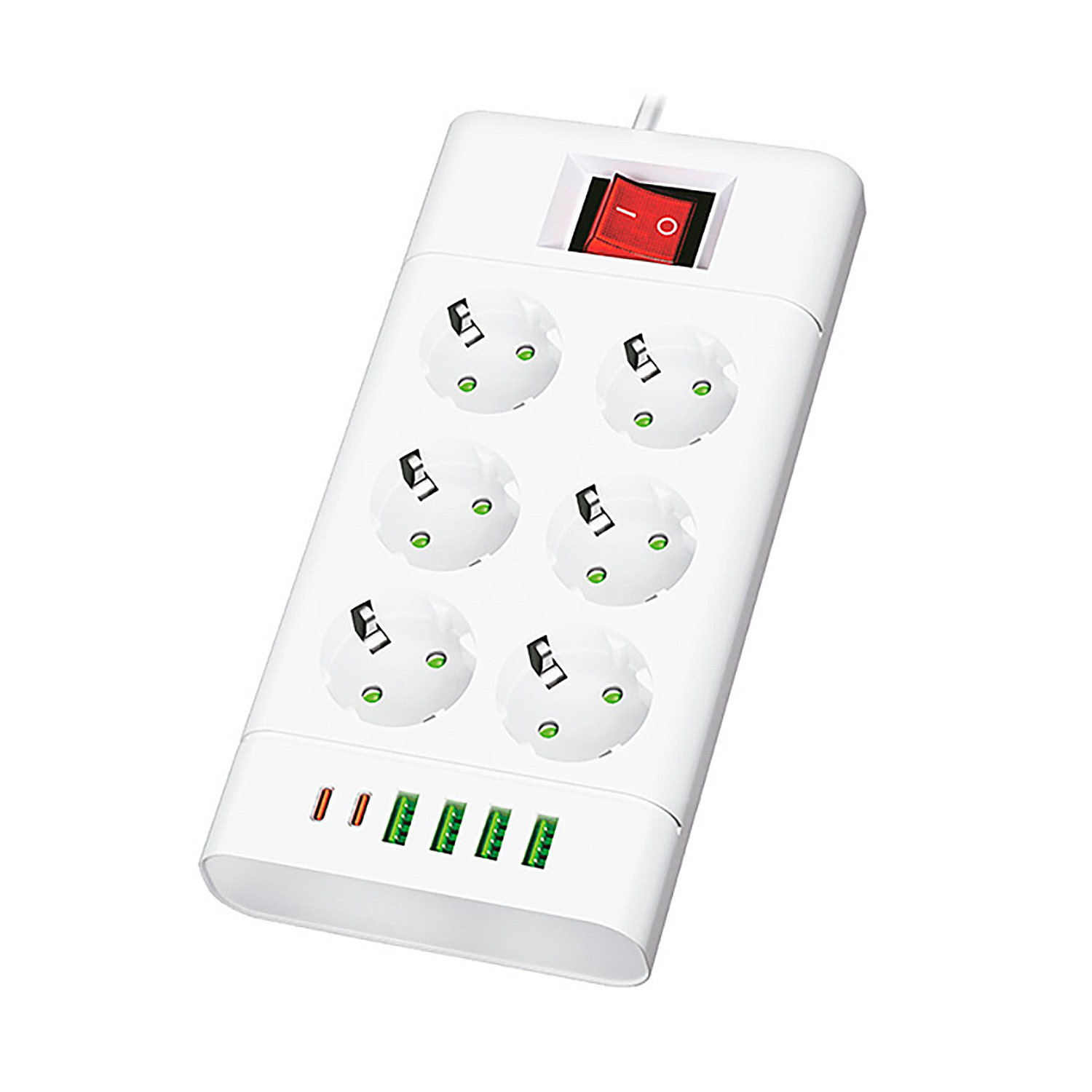 Multipresa bianca con interruttore rosso on/off, sei prese e quattro porte USB.