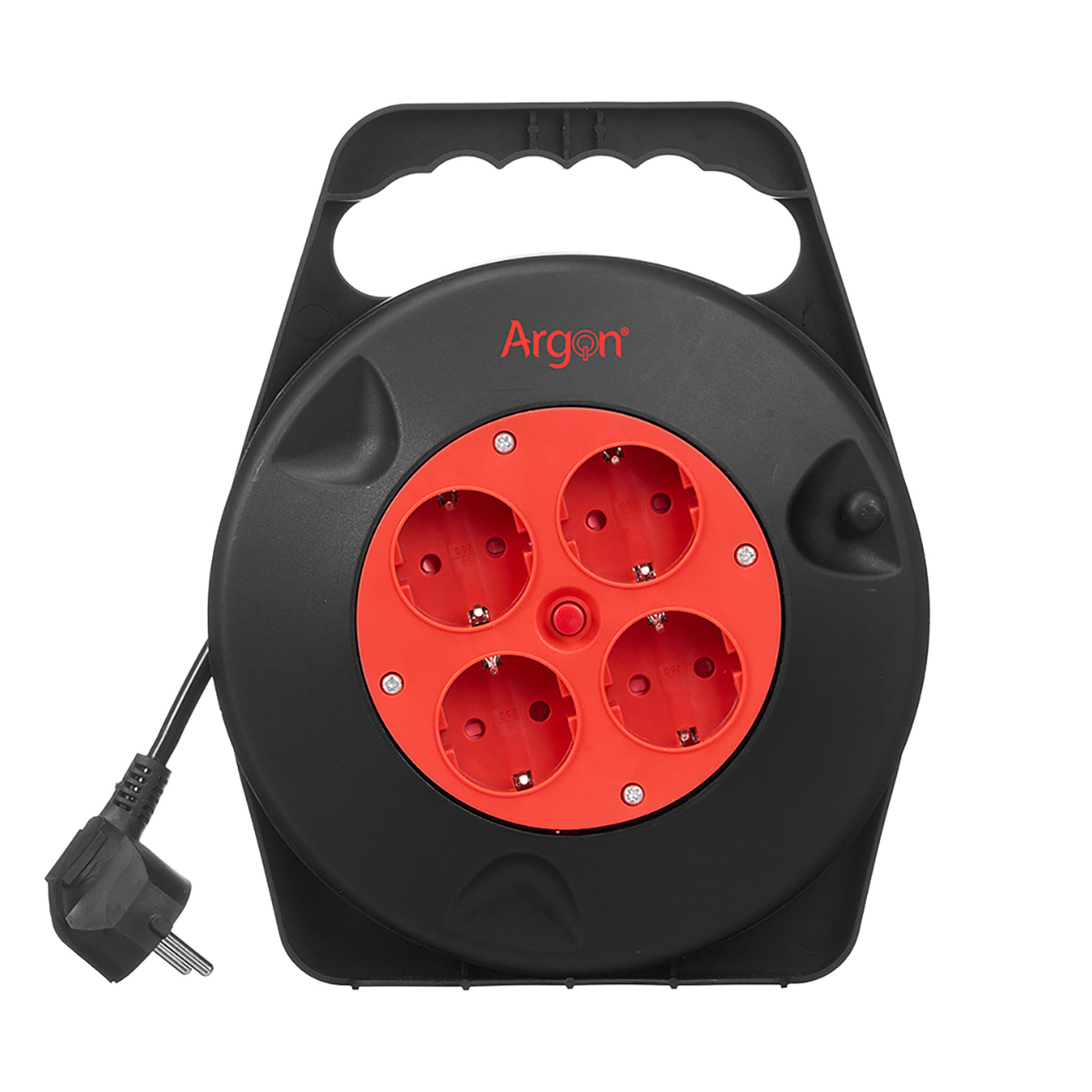 Bobina cavo nera con quattro prese rosse e un pulsante rosso. Logo Argon.