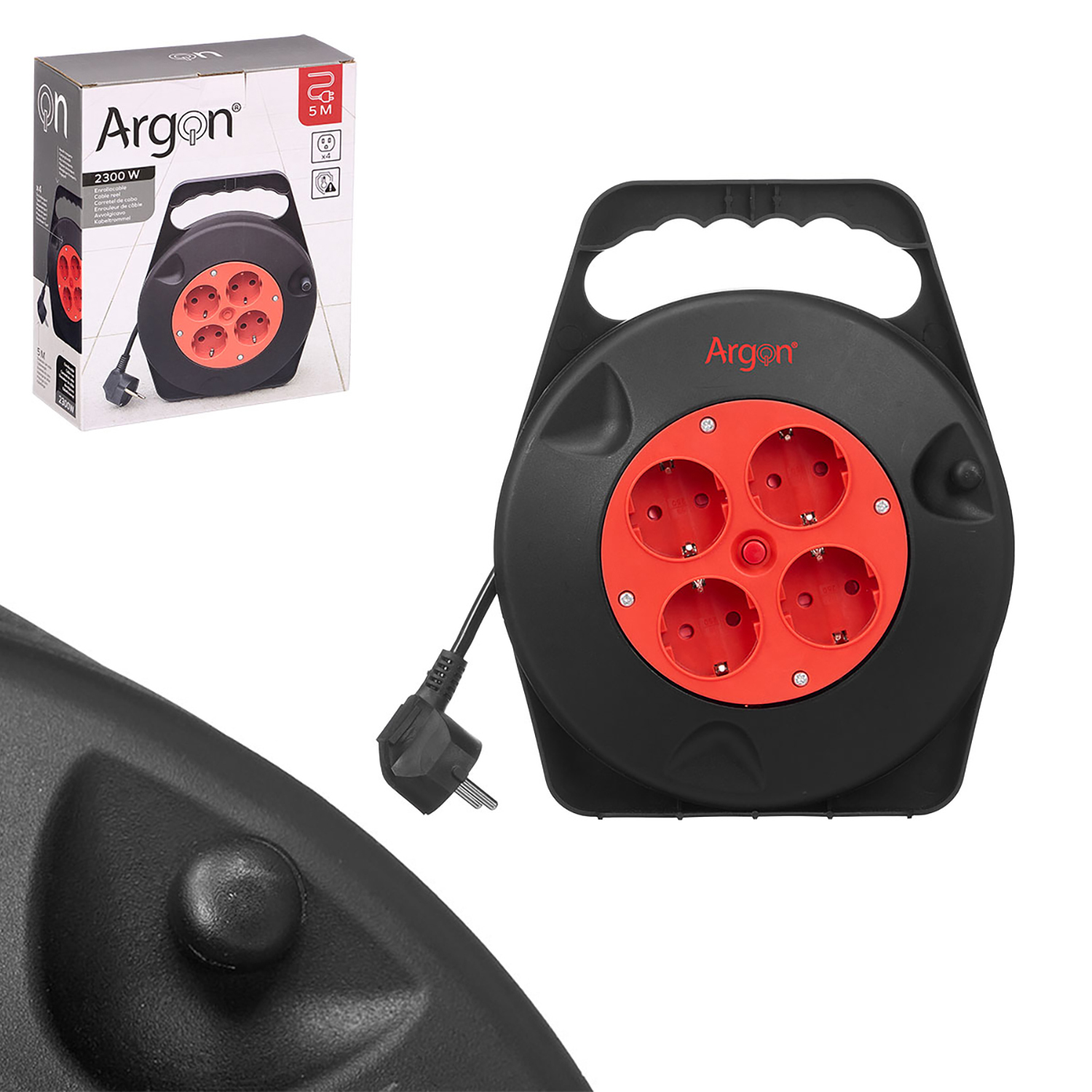 Avvolgicavo nero con quattro prese rosse e logo Argon.