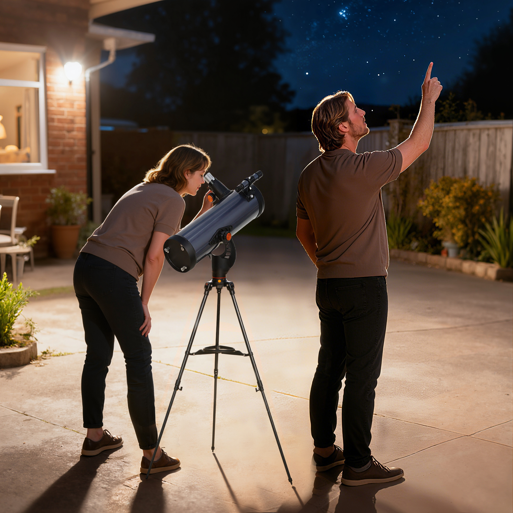 Un hombre y una mujer observan estrellas con un telescopio de noche en el patio.