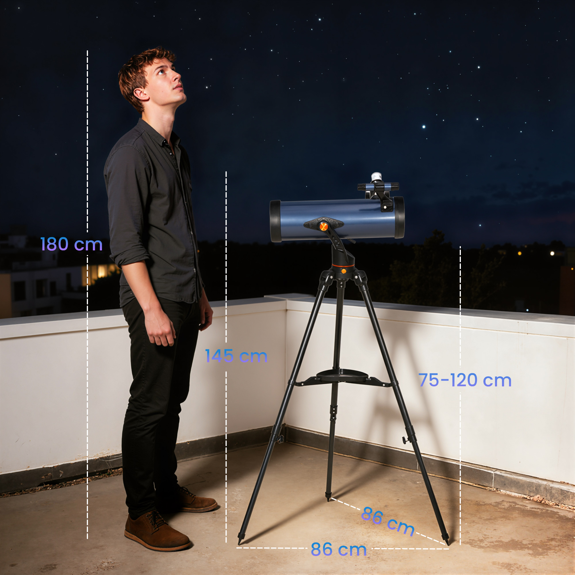 Hombre mira cielo nocturno estrellado, telescopio sobre trípode al lado.