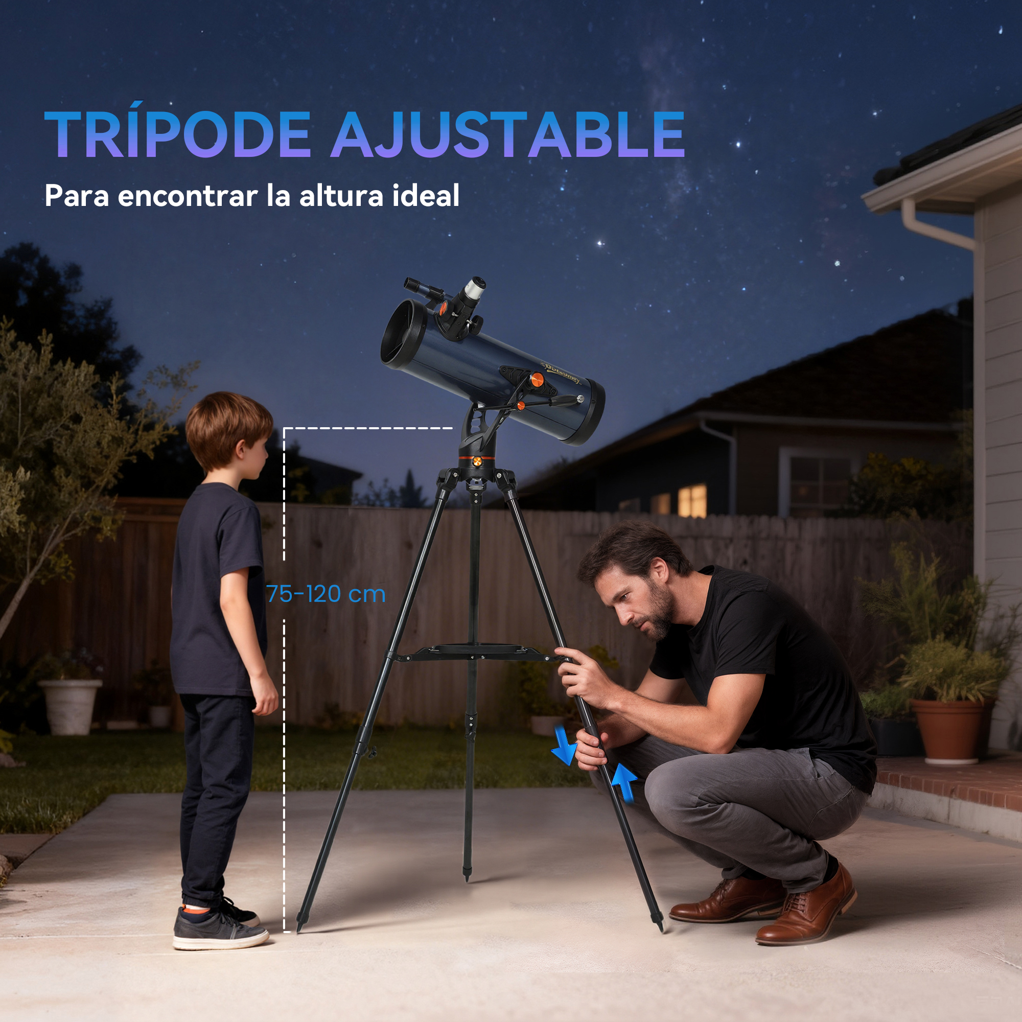 Un hombre ajusta un telescopio mientras un niño está a su lado.