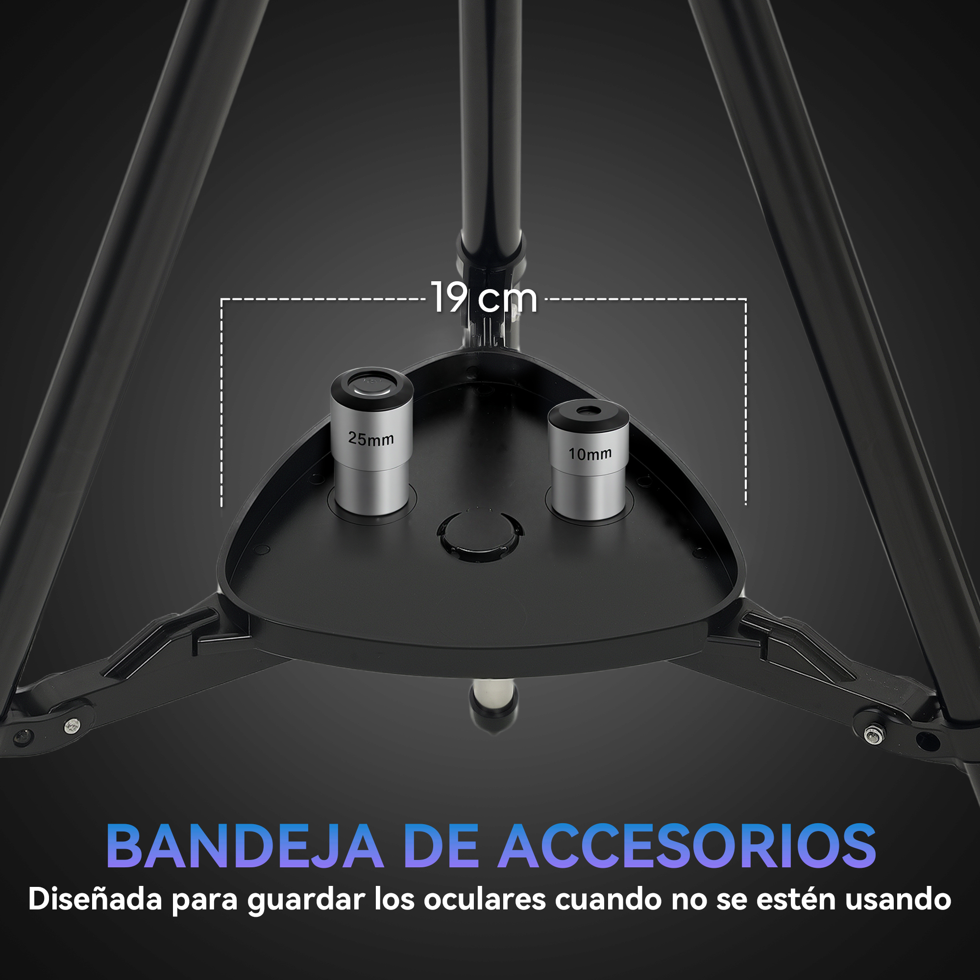 Un trípode negro con una bandeja para accesorios que sostiene dos oculares.