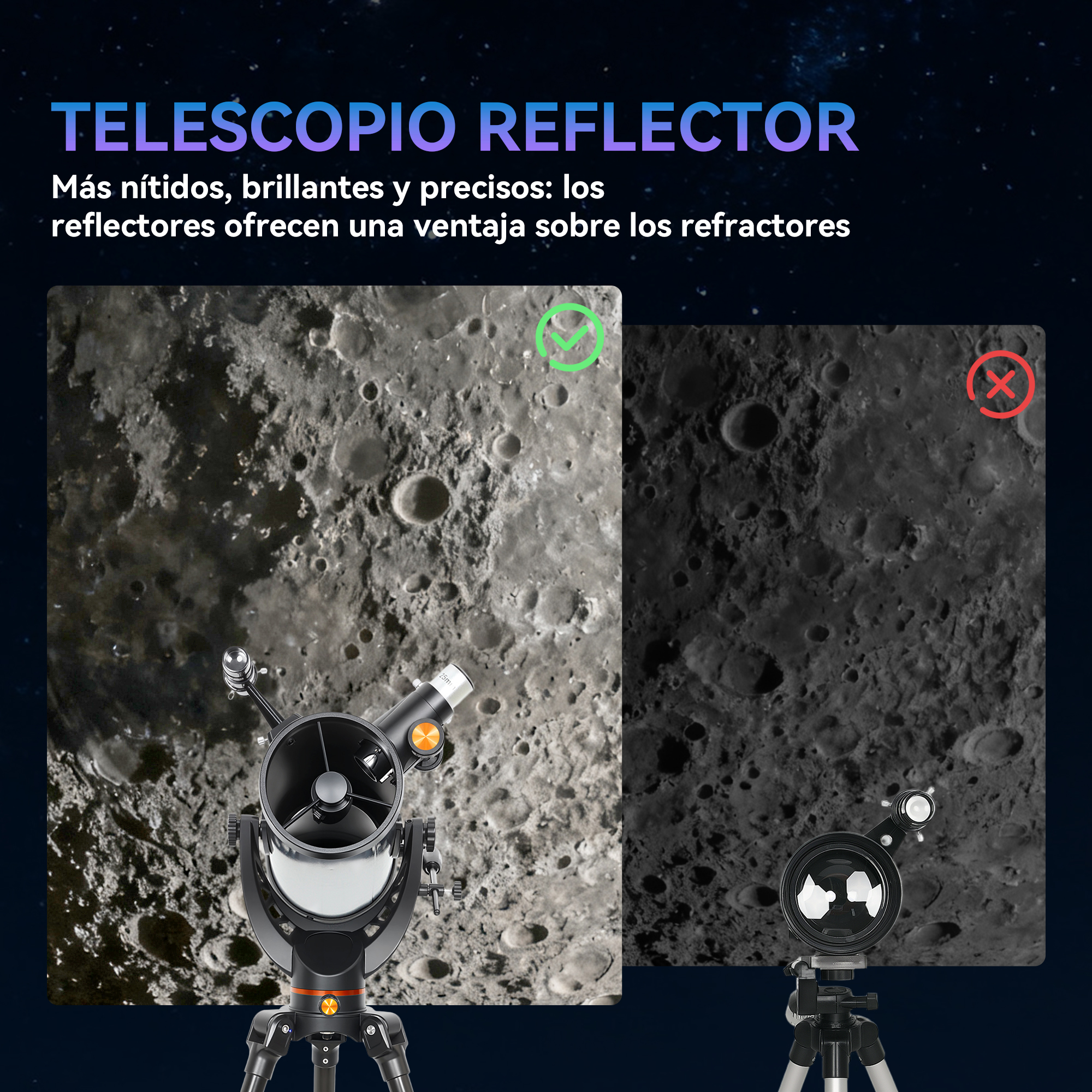 Dos telescopios muestran la luna. Uno con un visto bueno verde, el otro con una cruz roja.