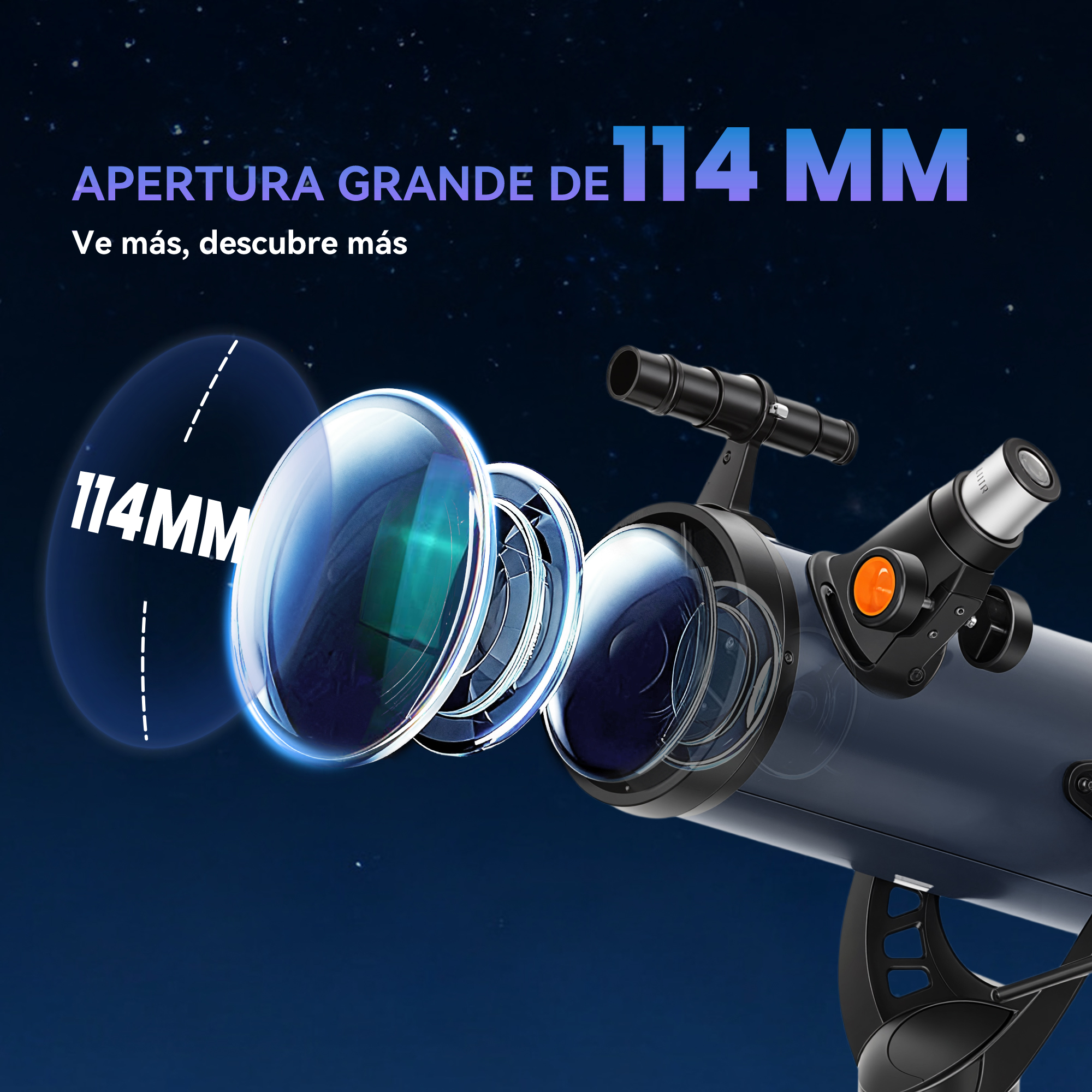 Un telescopio con apertura de 114 mm sobre un trípode contra un cielo estrellado.