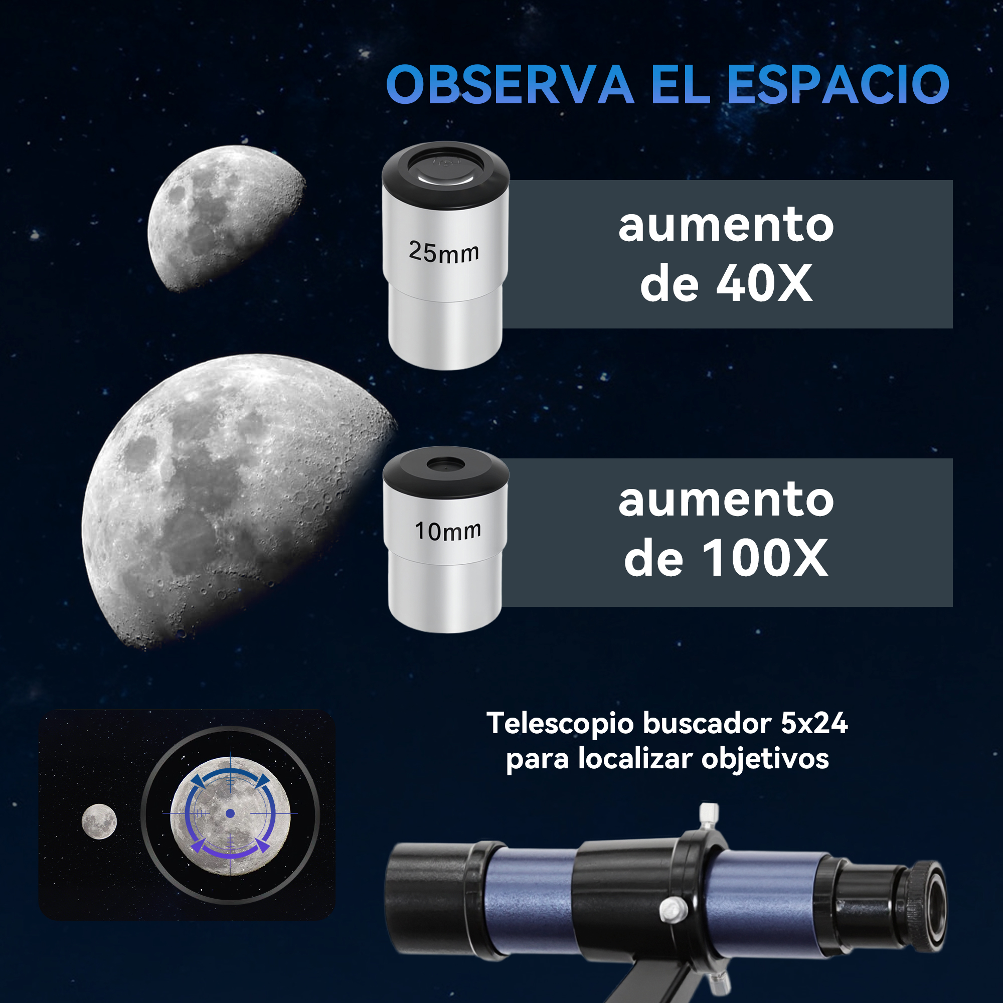 Telescopio con oculares para 40x y 100x de aumento, muestra luna y cielo estrellado.