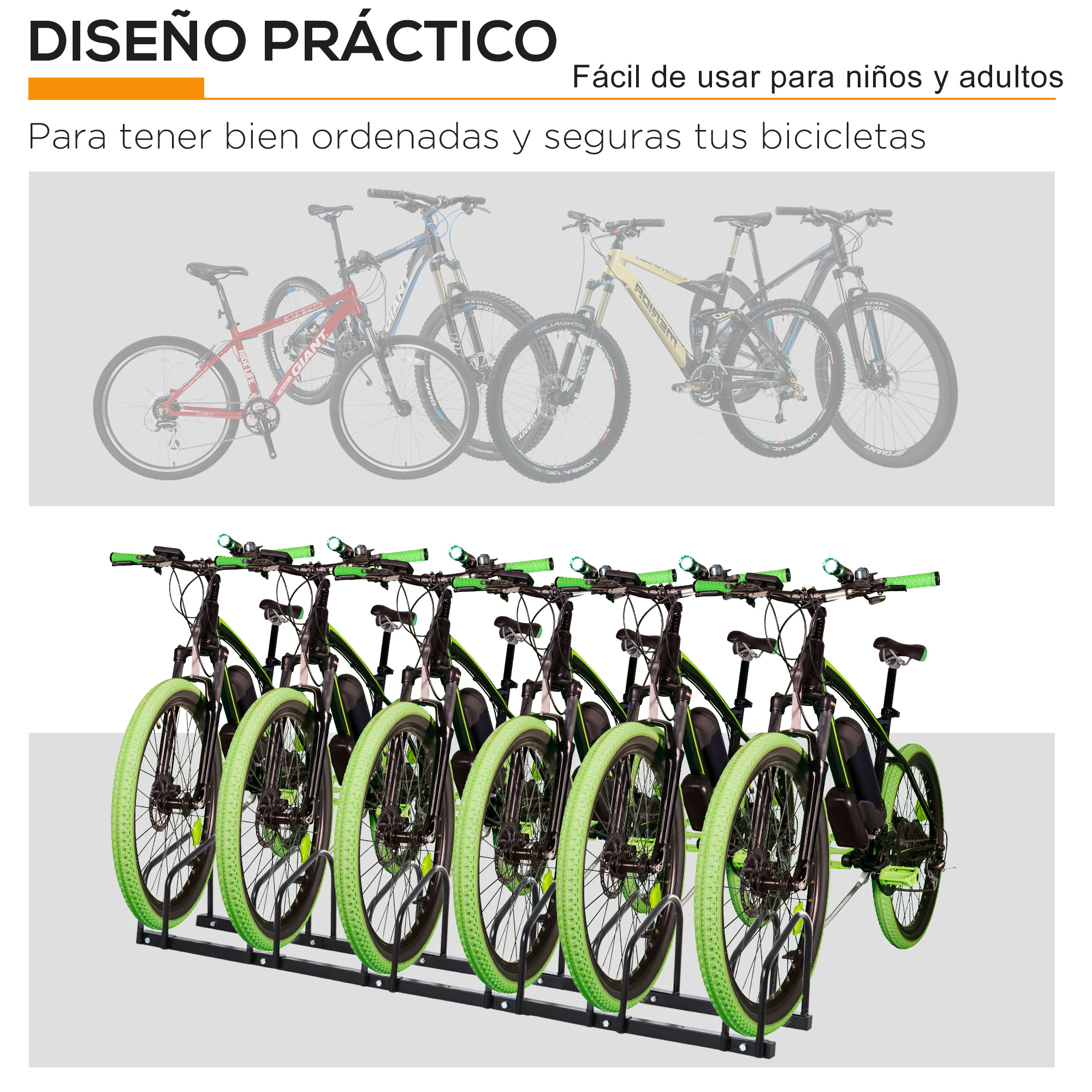 Portabicicletas con varias bicicletas con neumáticos verde brillante.