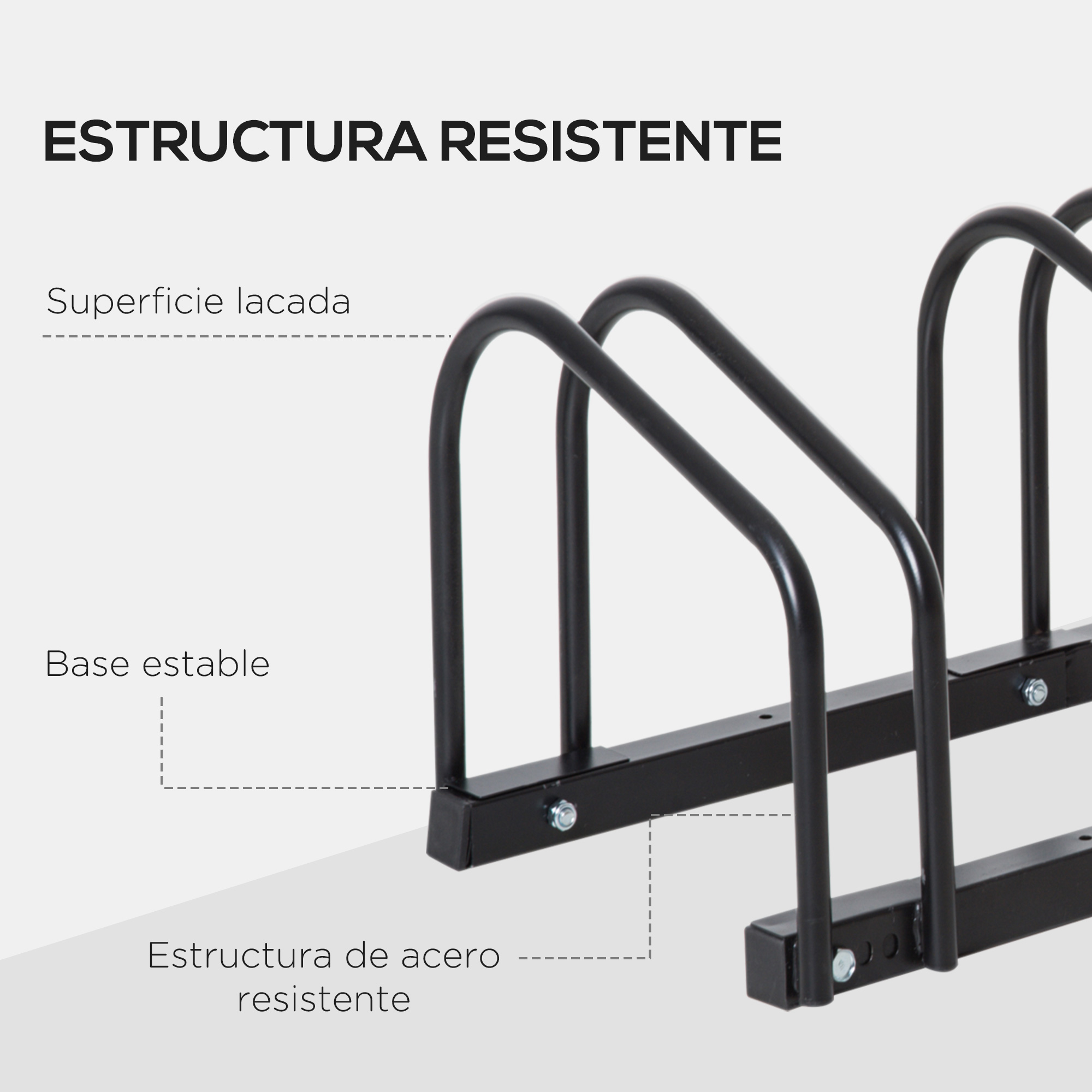 Portabicicletas negro de metal con tres soportes y base estable.