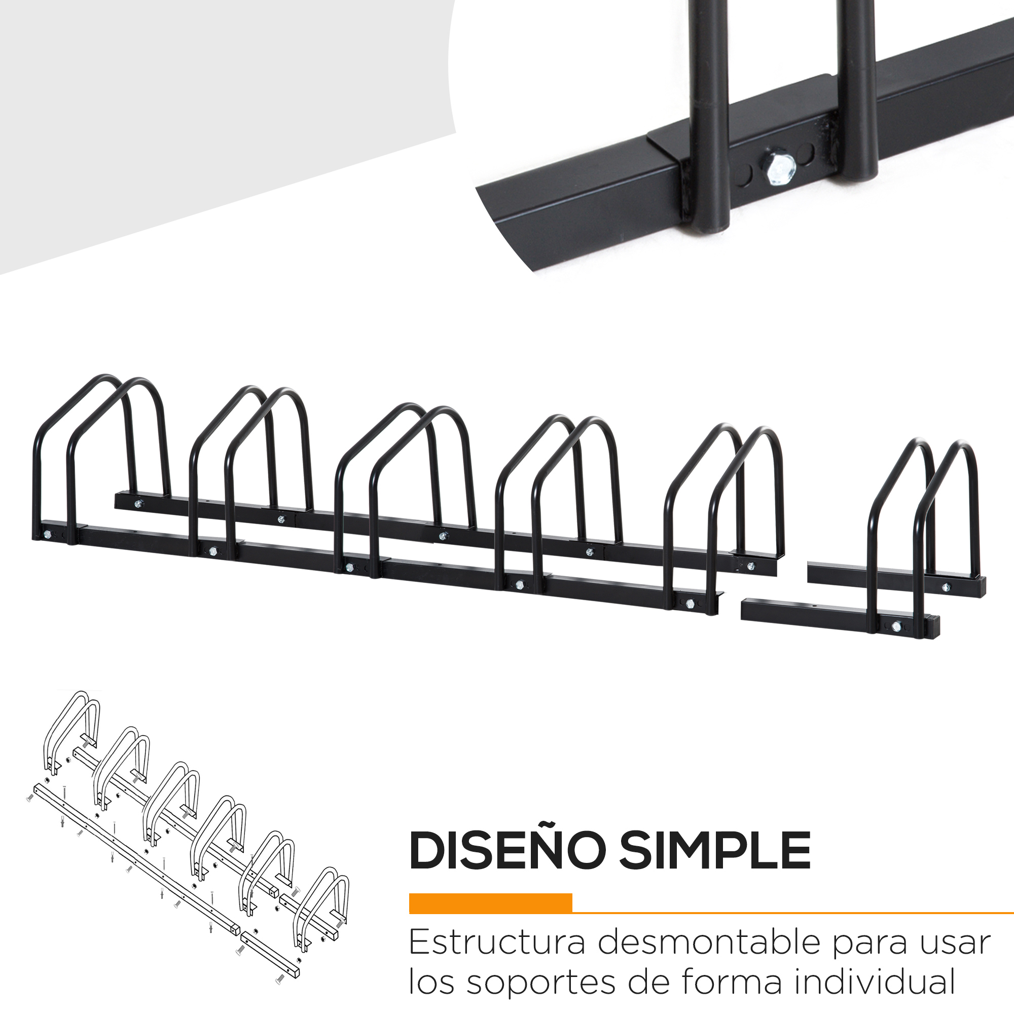 Portabicicletas negro para seis bicicletas, diseño desmontable.