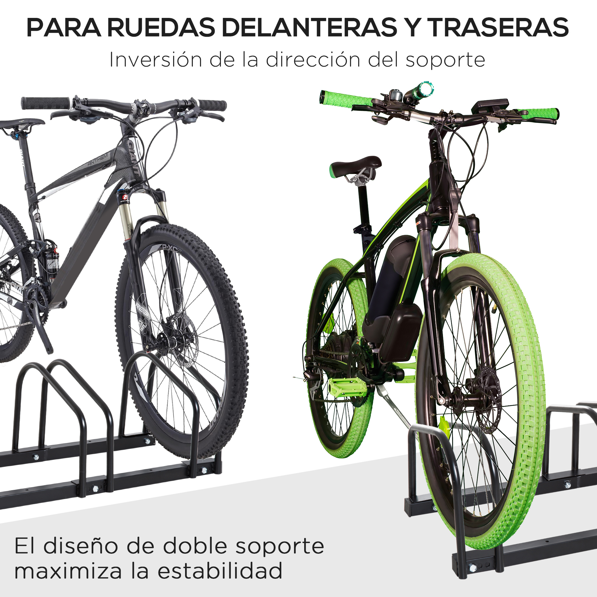 Dos bicicletas en soportes negros. Una bici es negra, la otra negra con detalles verdes.