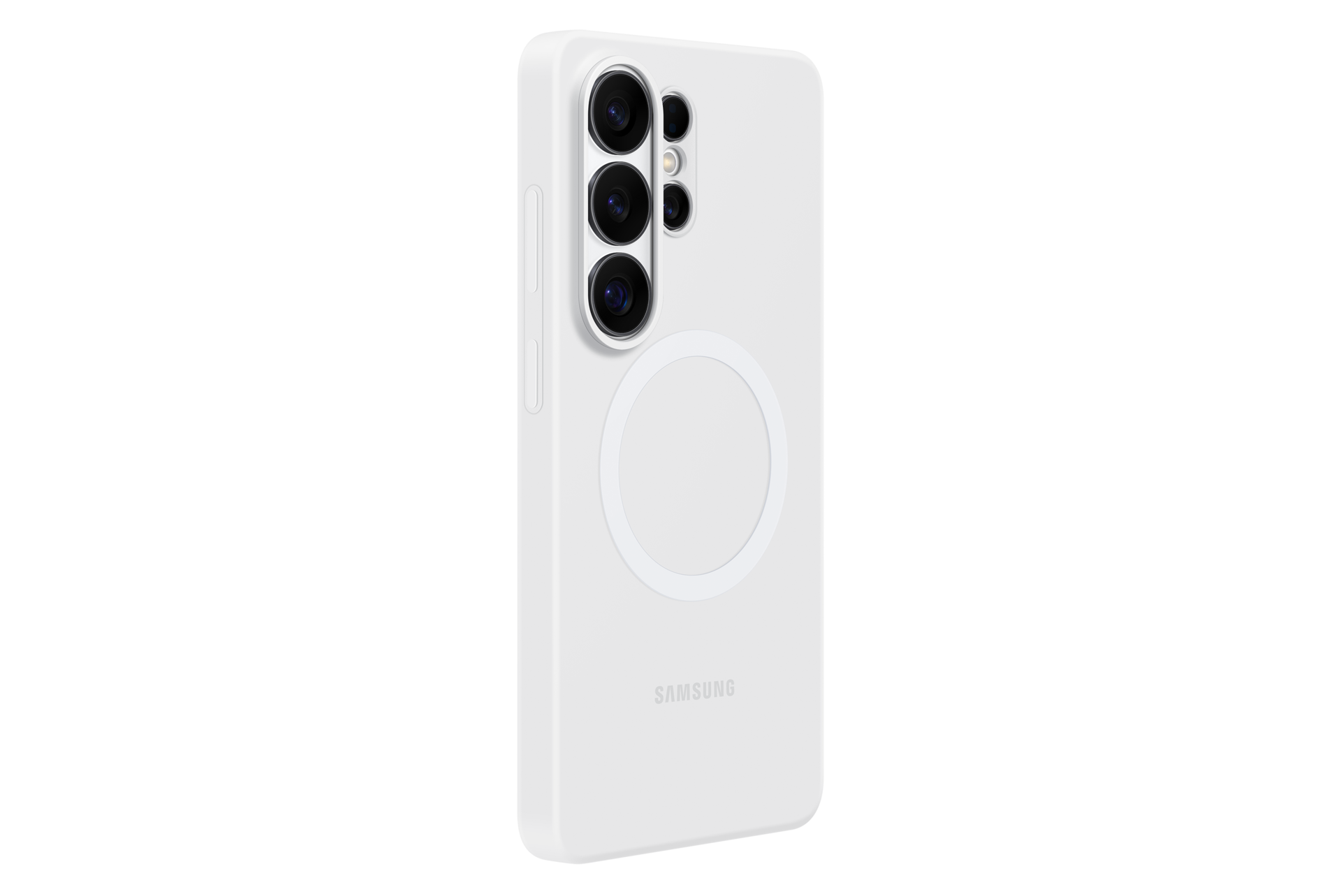 Weiße Handyhülle mit Kameralinsen und rundem Magnetring. Samsung-Logo.