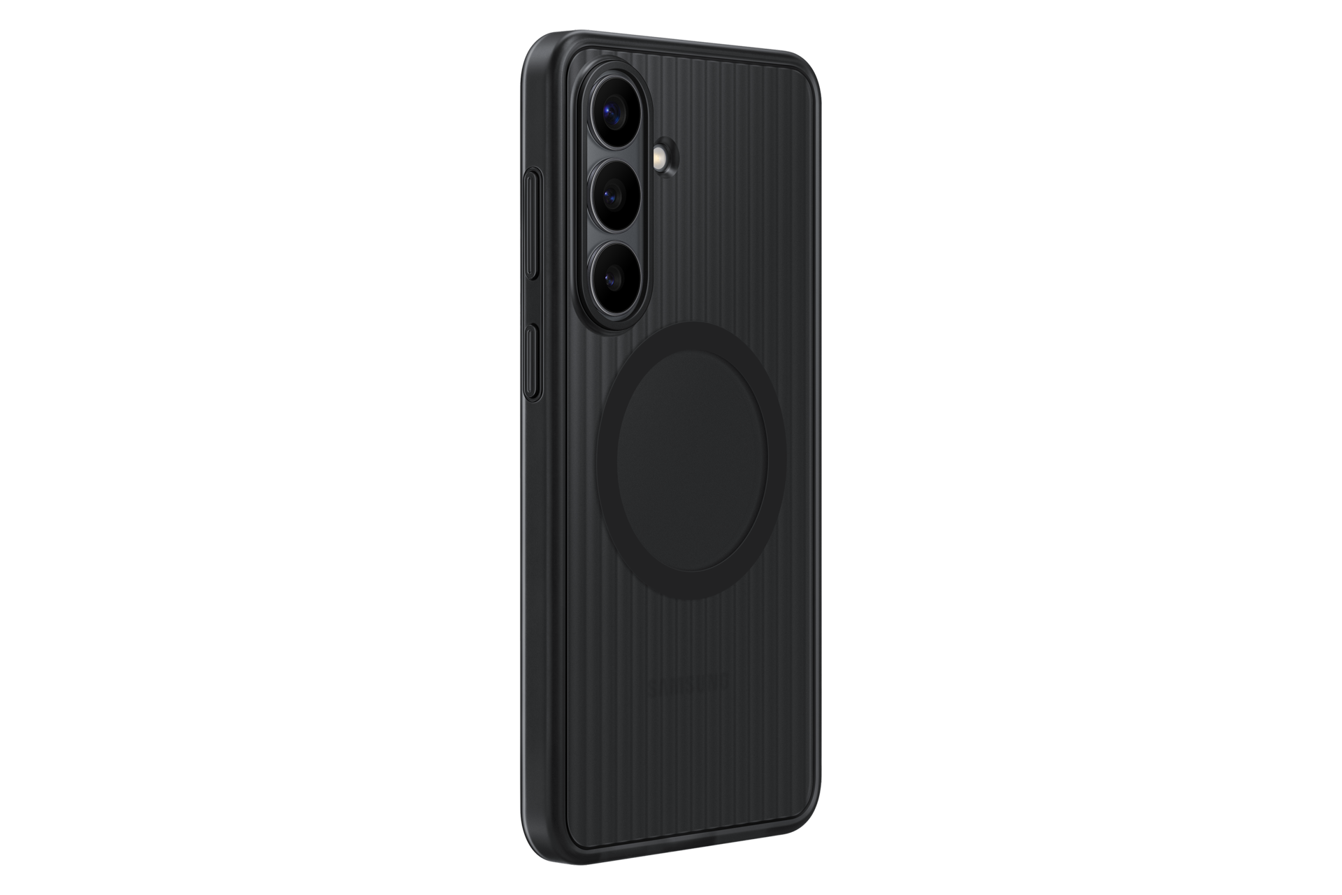 Schwarzes Handy mit gerippter Rückseite, Kameras und Magnetring. Zeigt eine Seitenansicht.