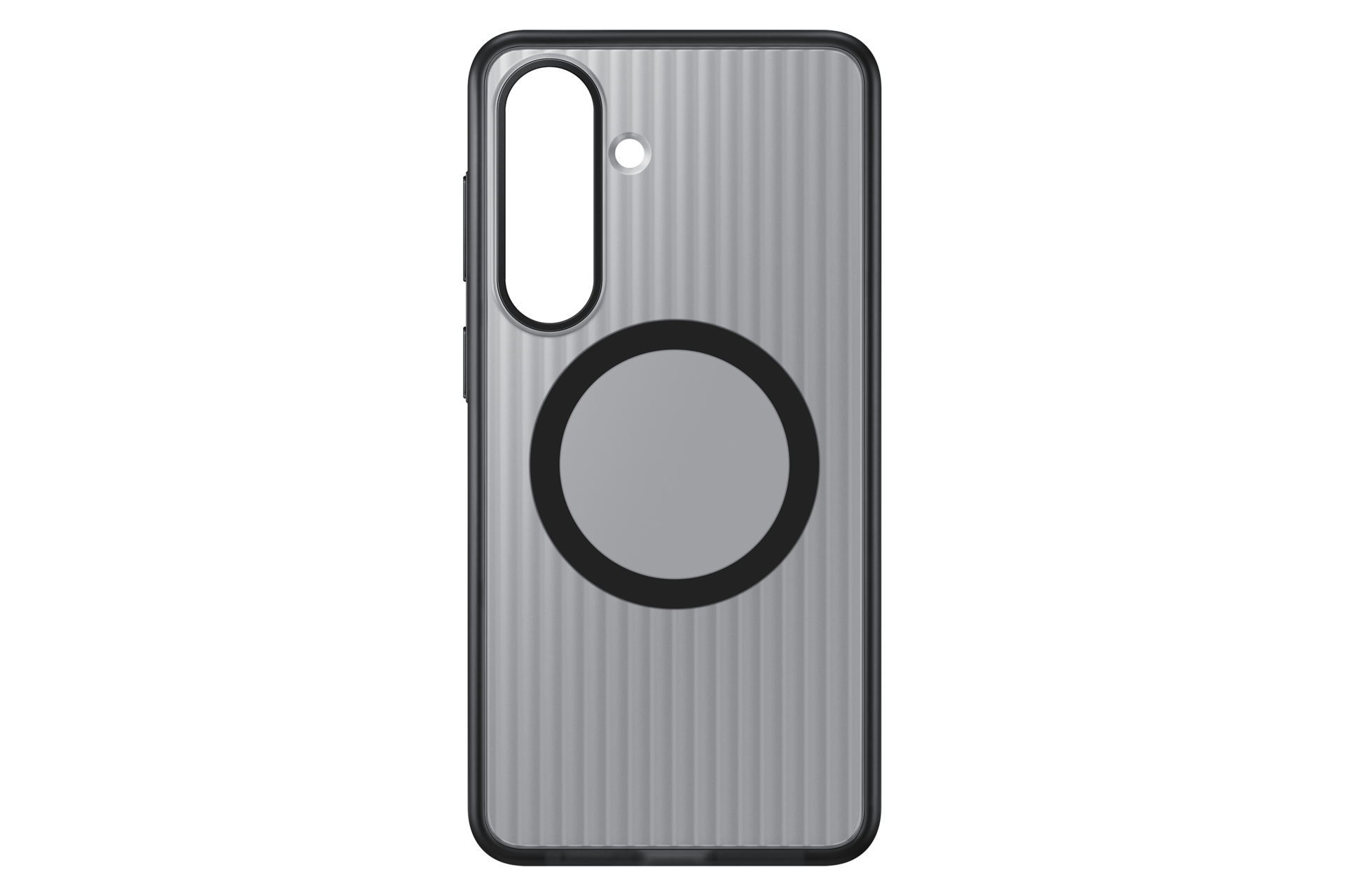 Ein durchsichtiges Handy-Case mit silbernem Streifenmuster und schwarzem Magnetring.