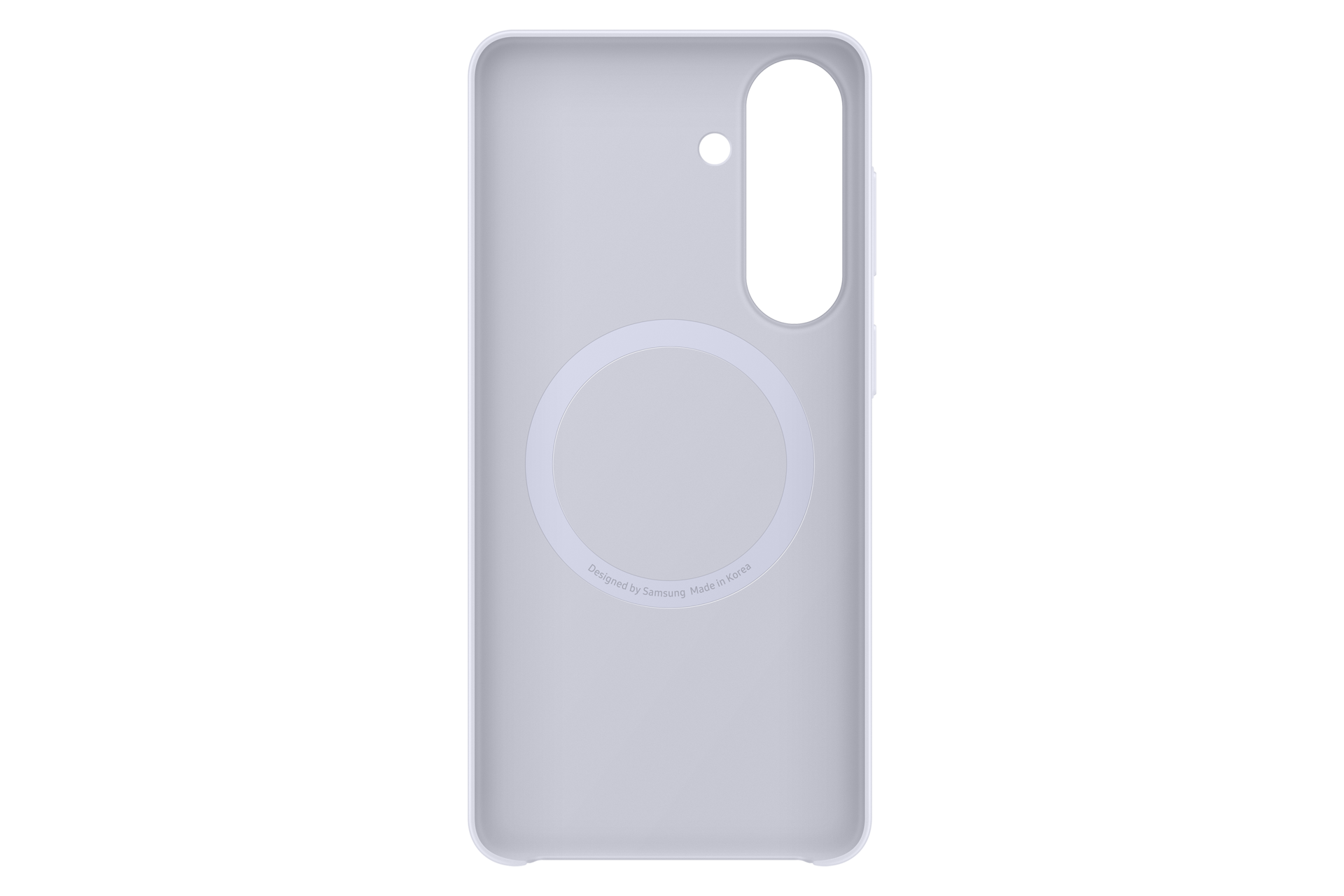 Una funda de teléfono gris claro con un anillo MagSafe circular y recorte para cámara.