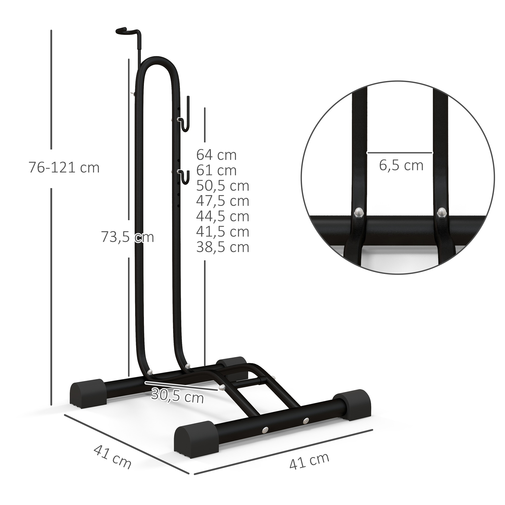 Un soporte negro para bicicleta con medidas de altura y anchura.