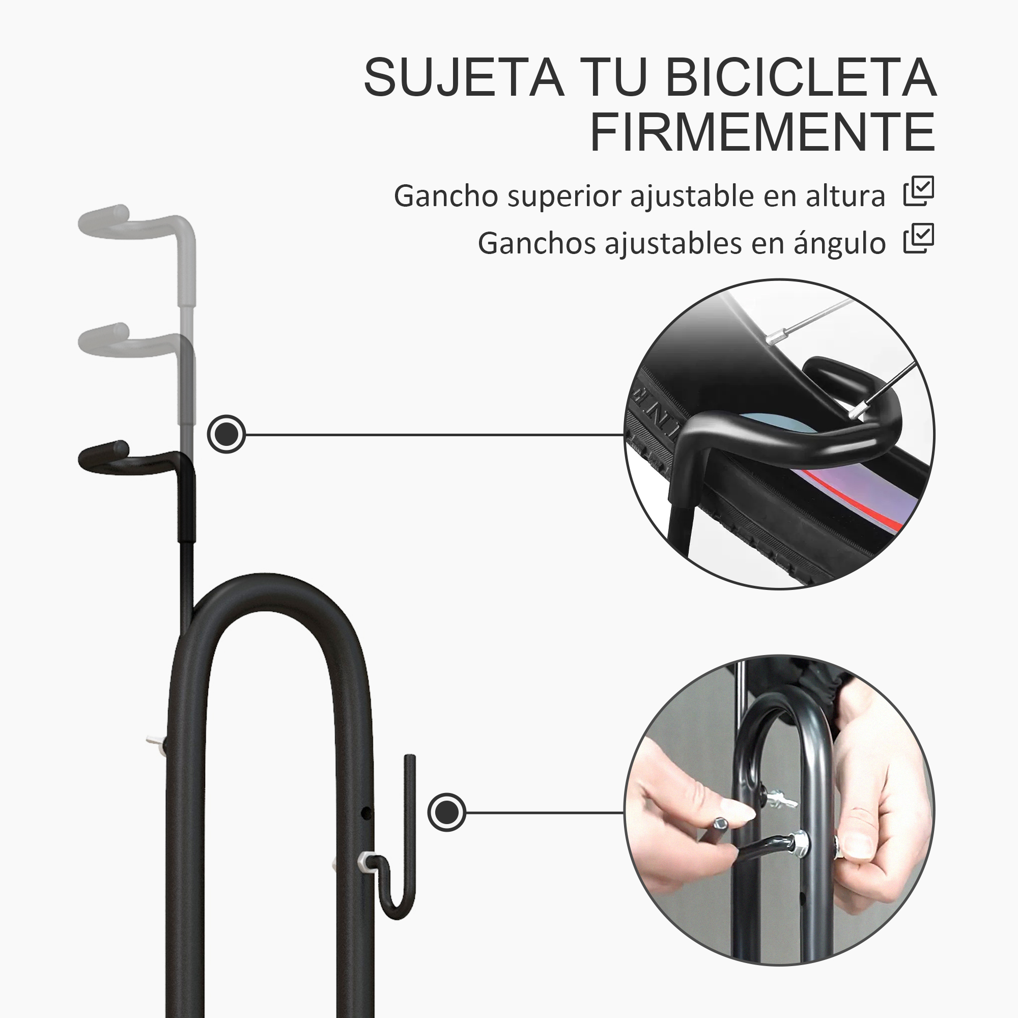 Soporte para bicicleta con ganchos ajustables en altura y ángulo.