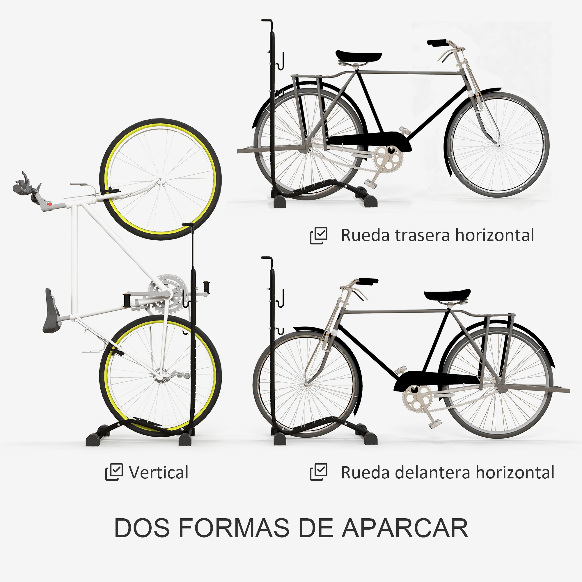 Bicicleta en tres posiciones en portabicicletas: vertical, rueda trasera horizontal, rueda delantera.