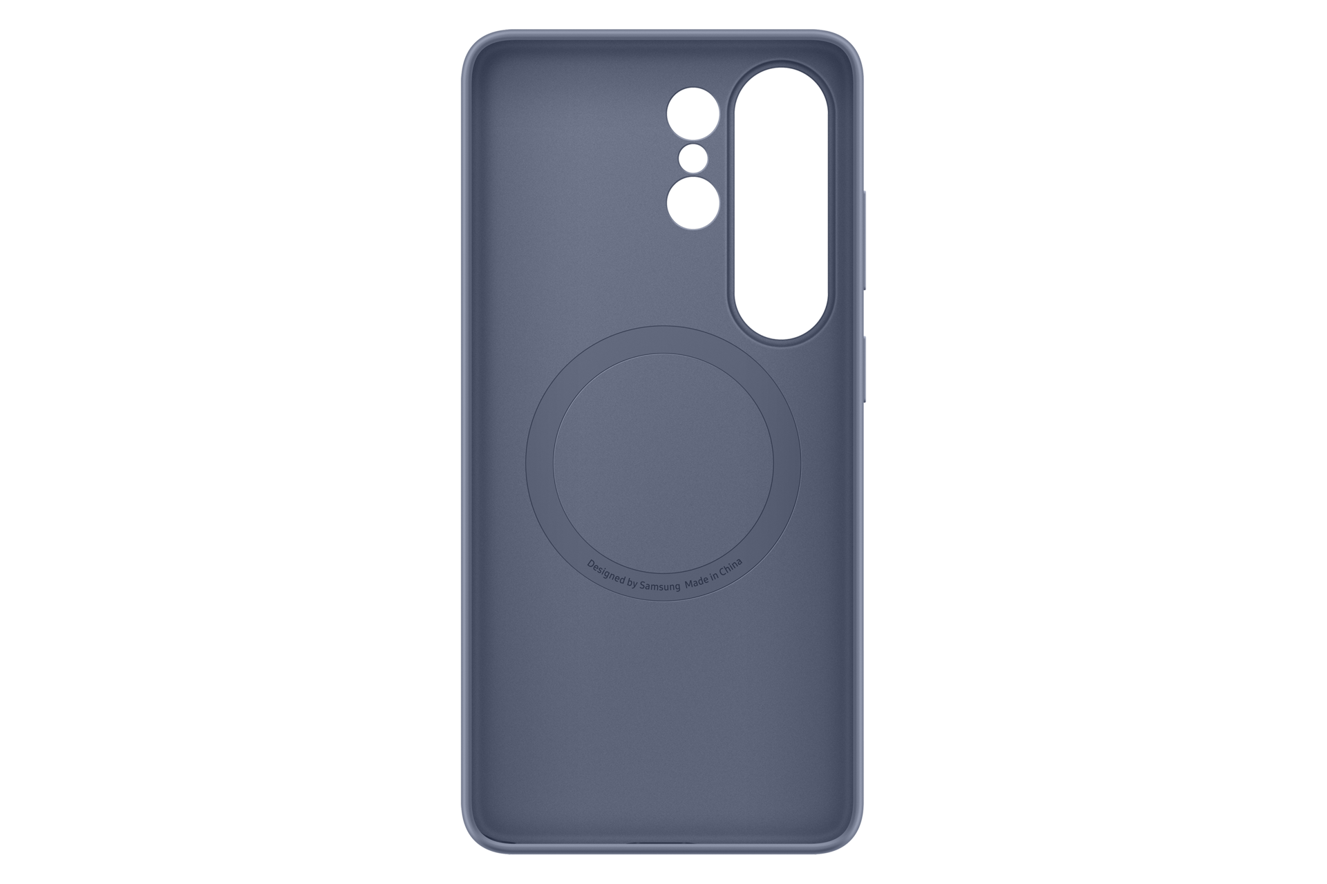 Una custodia in silicone blu con ritagli per fotocamera e anello magnetico circolare.